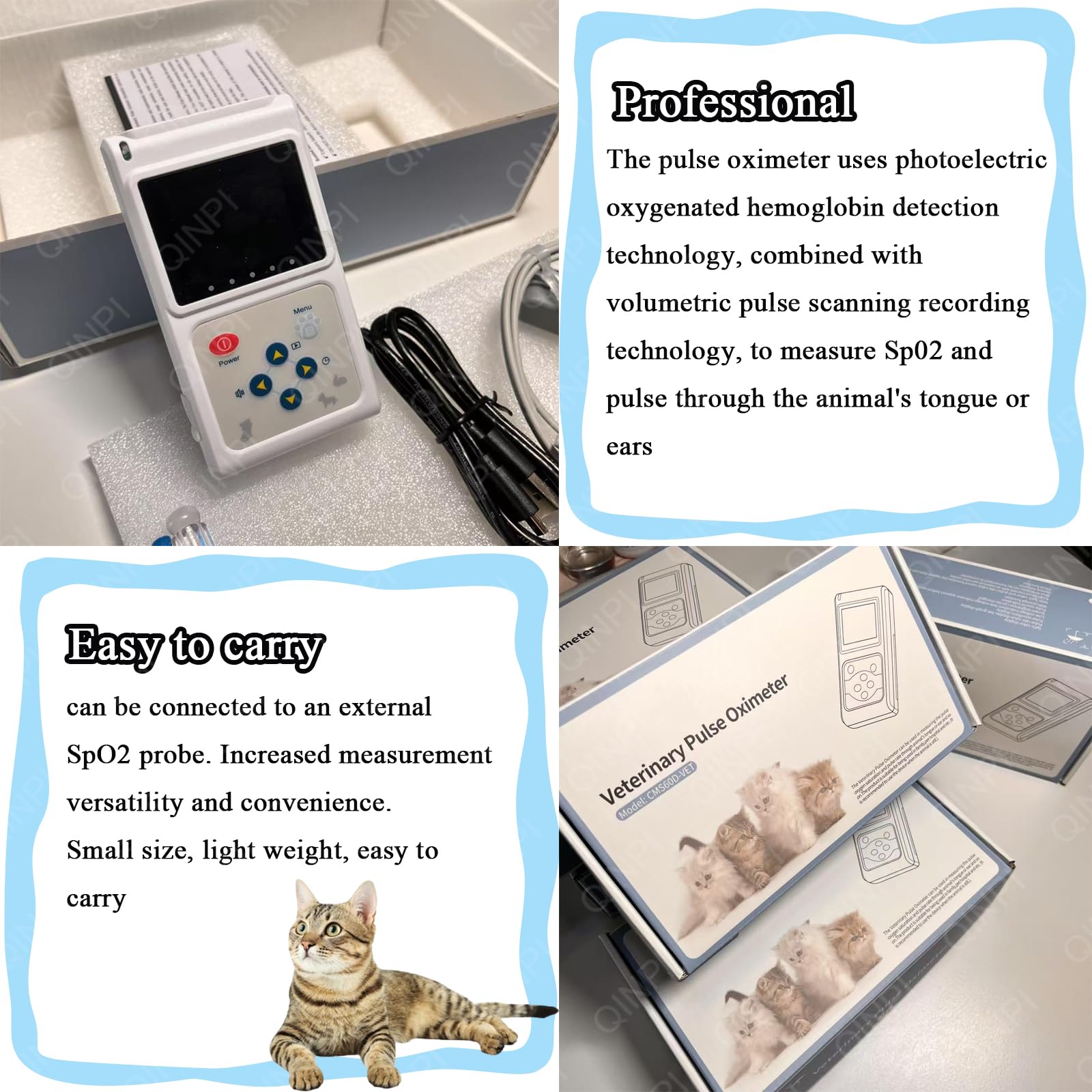 Pulsossimetro portatile per animali, sensore auricolare/linguetta, rilevamento della saturazione dell'ossigeno nel sangue/frequenza cardiaca, con sonda e cavo USB, luminosità dello schermo regolabile