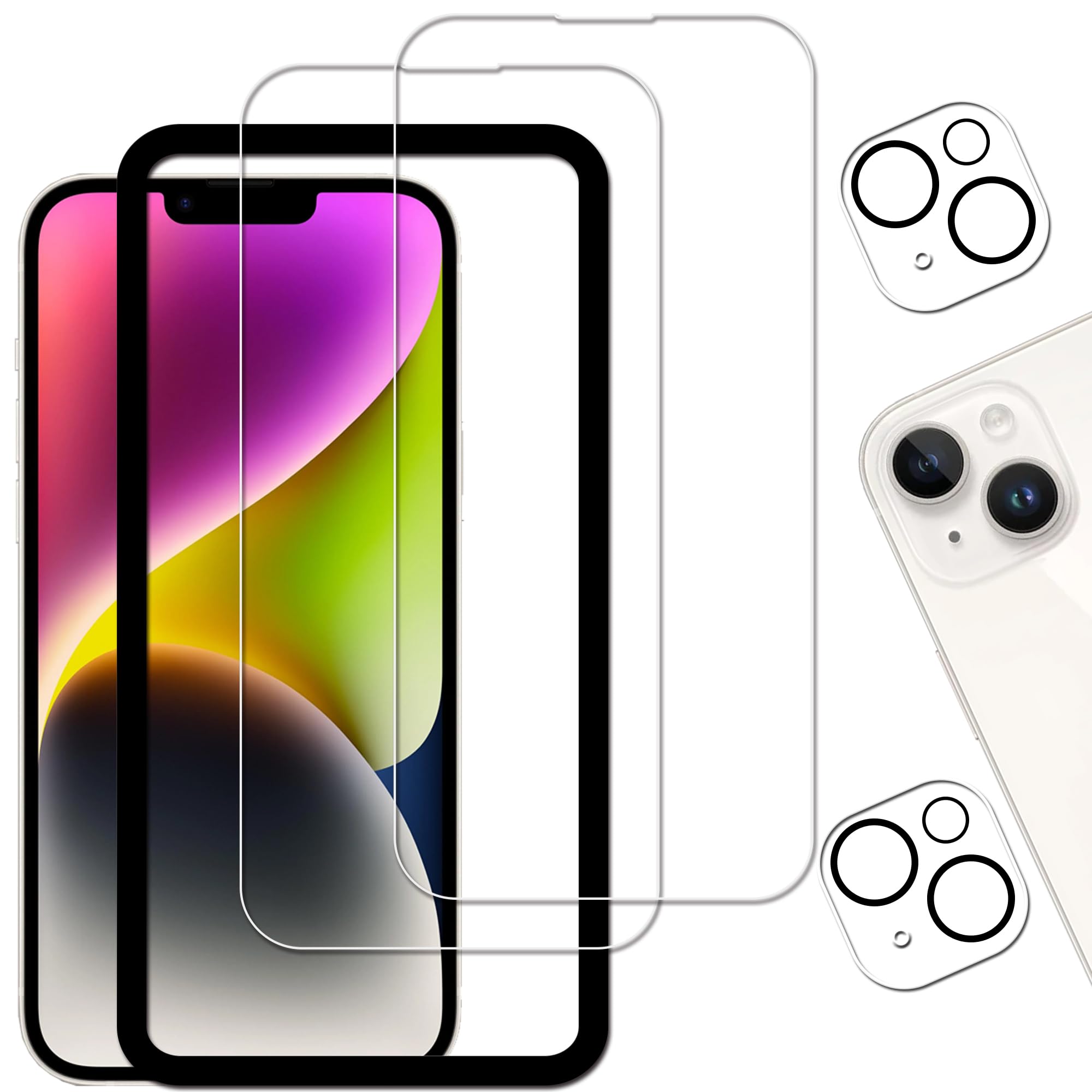 KPNS いphone14plus ガラスフィルム【2+2枚セット】ガイド枠付き KPNS 日本素材製 強化ガラス iphone14 Plus 用 ガラスフィルム カメラフィルム カバー 保護フィルム