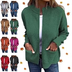 Womens Round Neck Zipper Knitted Jacket Casual Cozy Cropped Knit Chunky Zipper Up Cardigan Sweaters with Pockets