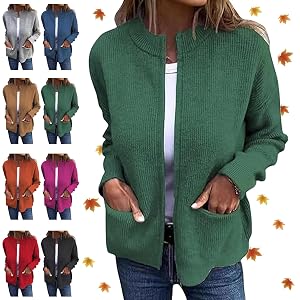 Womens Round Neck Zipper Knitted Jacket Casual Cozy Cropped Knit Chunky Zipper Up Cardigan Sweaters with Pockets