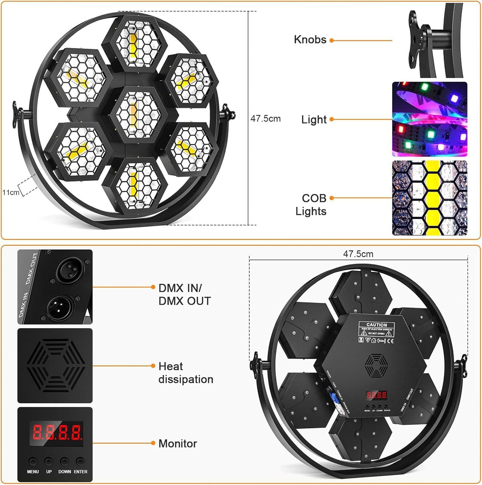 Luz de escenario LED de 350W con 7 cápsulas hexagonales retro