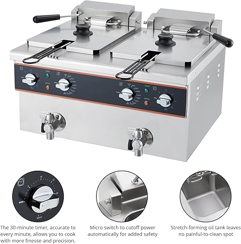Miniatura 2 de Freidora eléctrica de doble tanque de 8L x 2, freidoras de encimera de 16L con drenaje de aceite, temporizador de 30 minutos, cabezal de freidora