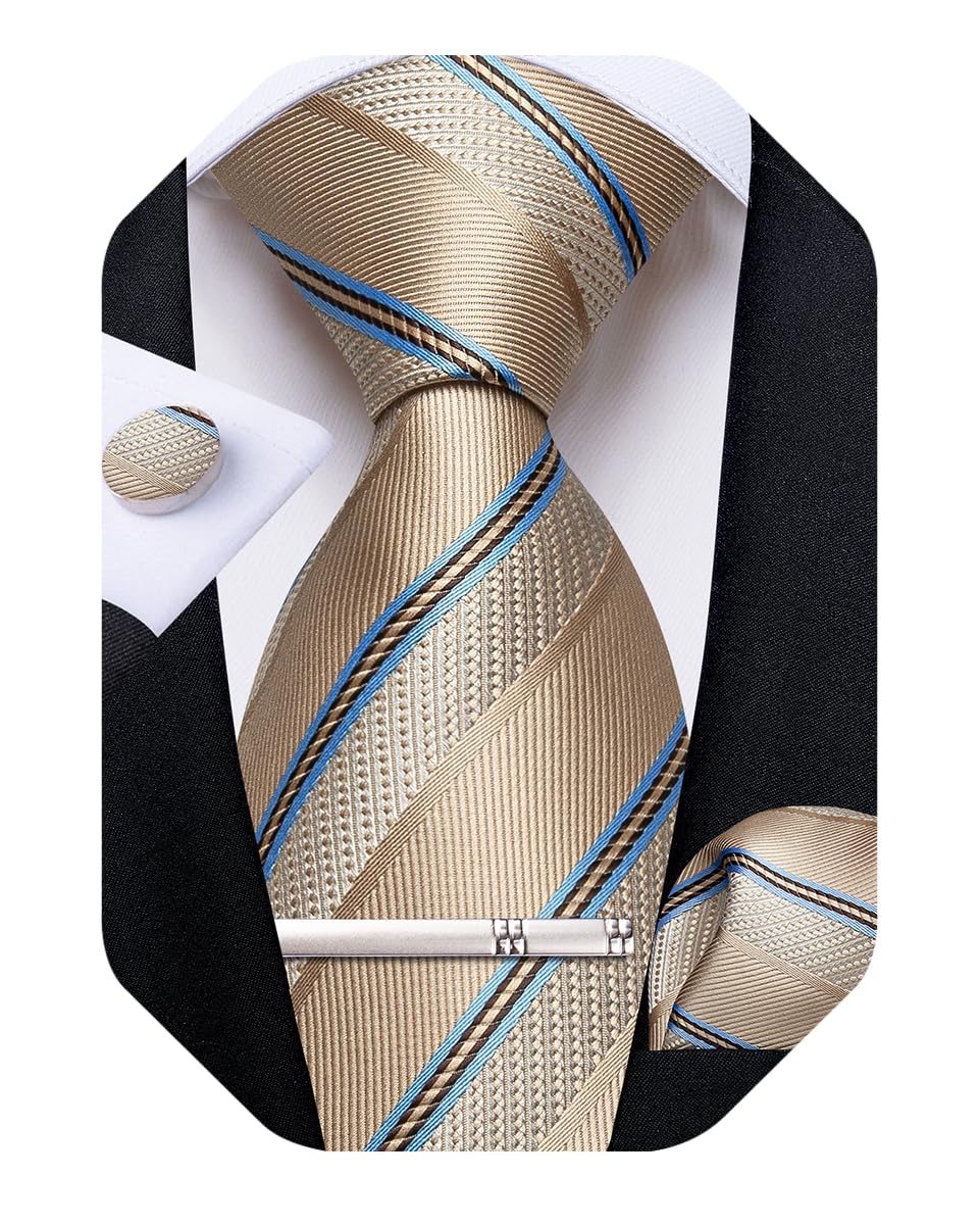 DiBanGu Mens Striped Tie Silk Woven Necktie and Pocket Square Cufflinks Tie Clip Set Wedding Business Formal Gift Tie for Men