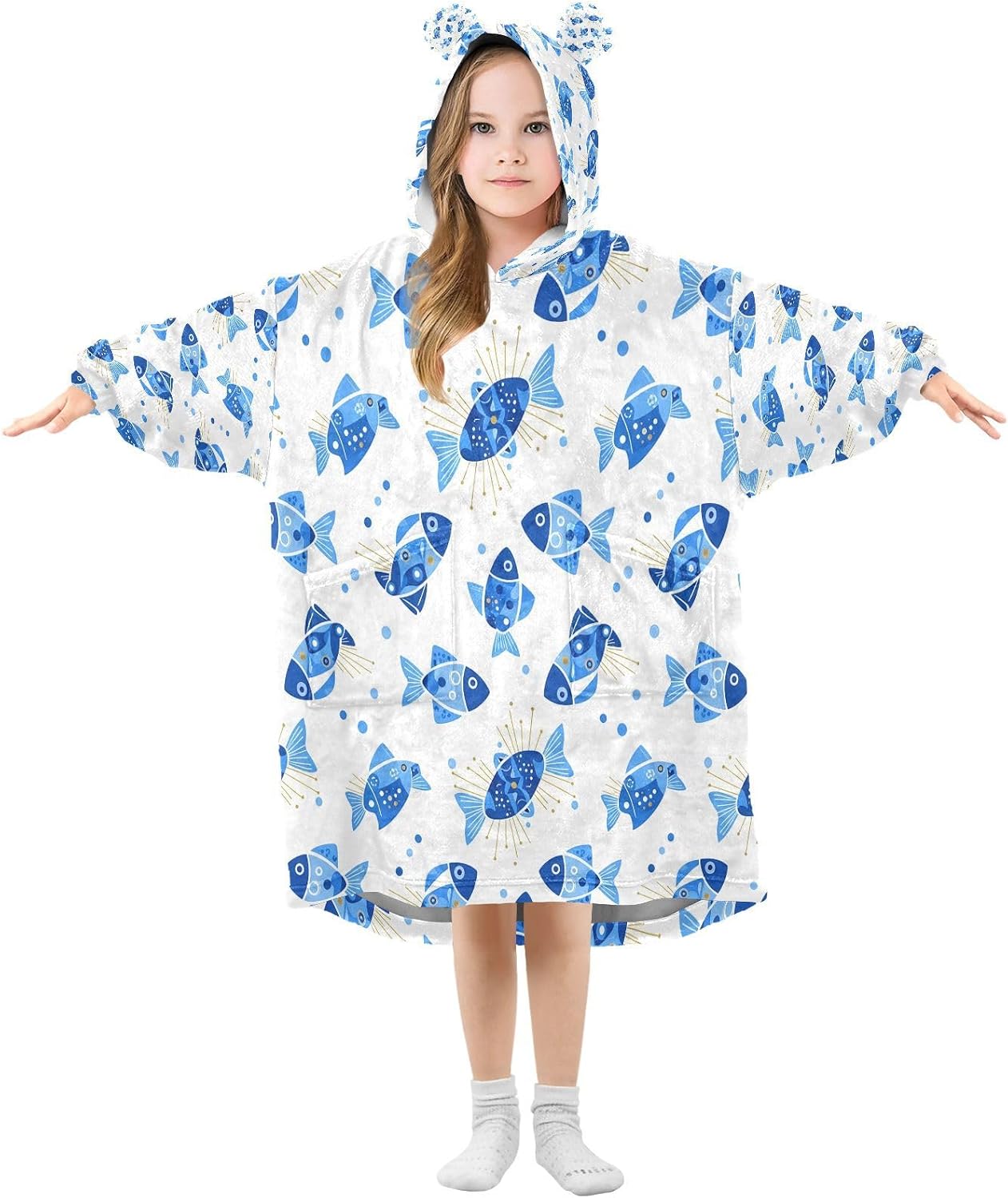 Kigai Fish Wearable Blanket Hoodie for Kids Oversized Hooded Blanket Warm & Cozy Sweatshirt with Pockets
