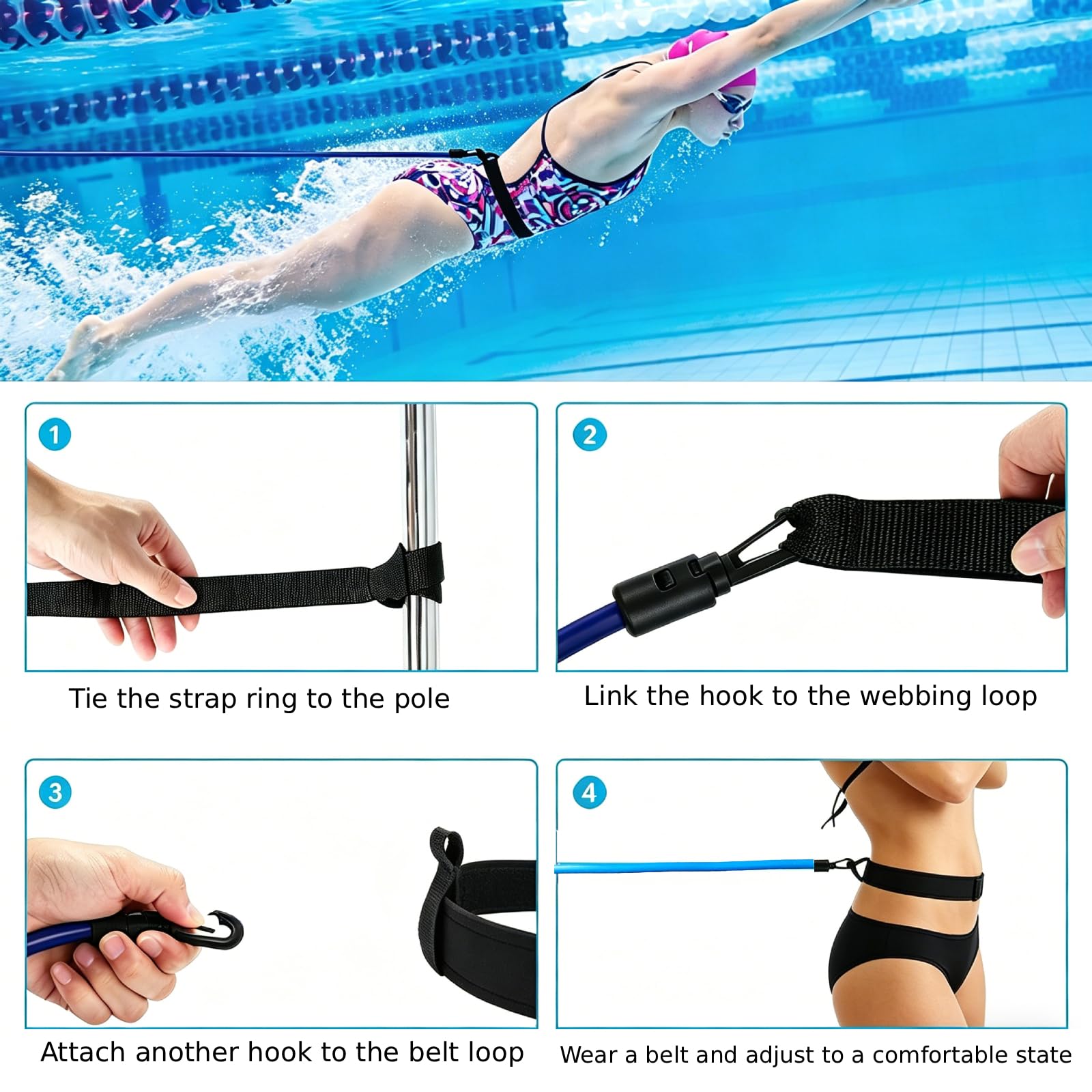 Ncheli Schwimmgürtel Set mit 4m Widerstandsband, Verstellbarer Trainingsgürtel (55-105cm) mit Weicher Plüsch-Innenseite, Alternative zur teuren Gegenstromanlage für Pool & See, Inkl. Befestigungsbände