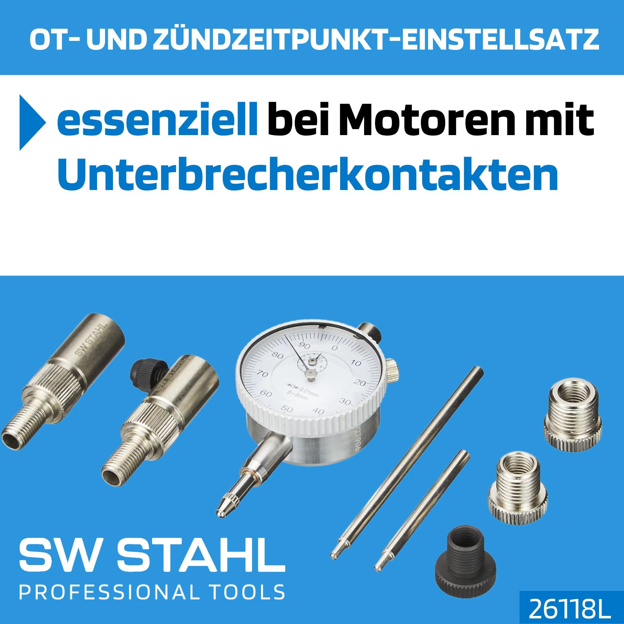 SW-Stahl 26118L Zündzeitpunkt-Einstellsatz, 8-teilig - Messuhr Motorrad | OT-Einstellwerkzeug Set mit Zündkerzenadapter, Messuhrhalterung und Verlängerung für präzise Motorabstimmung