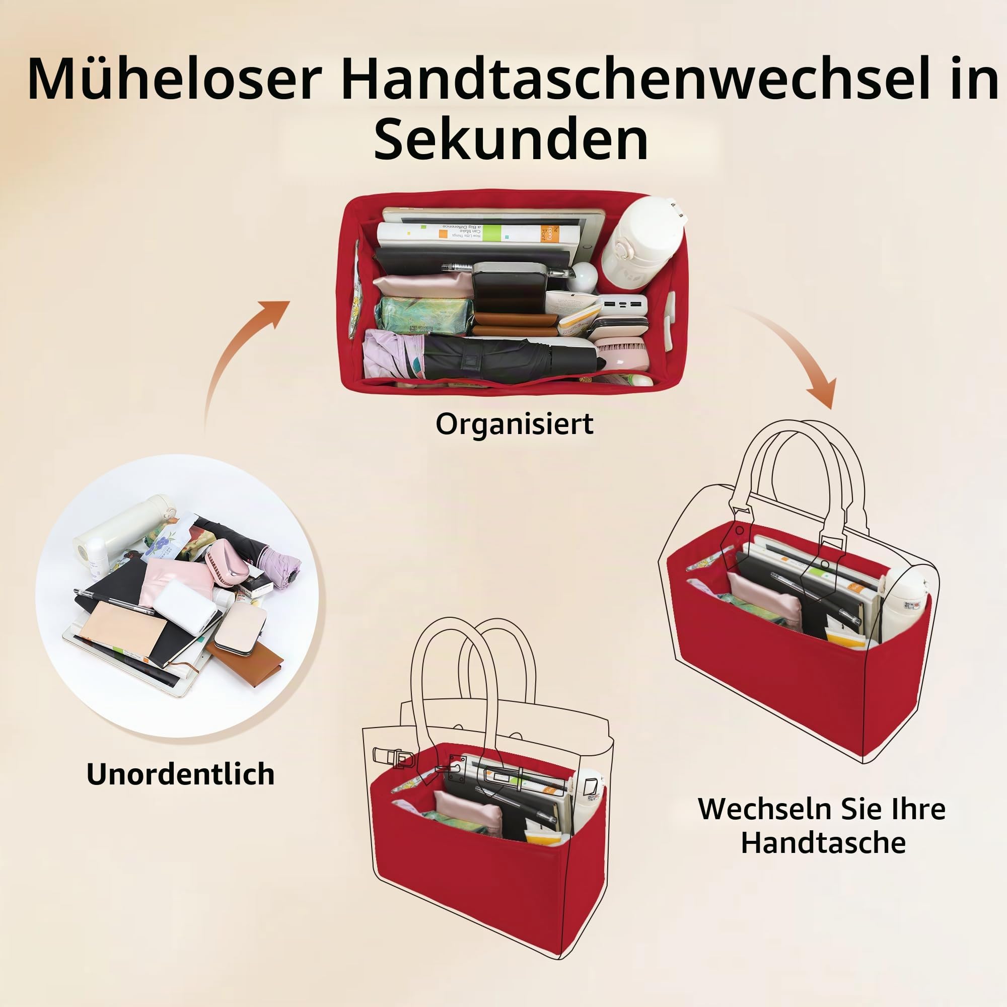 Taschenorganizer.HandtaschenOrganizer.MultiTaschenDesign,faltbar,handgefertigt aus Nylon und Satin,seidig und glatt,kann für viele Taschen verwendet werden(XL-Rouge moyen)