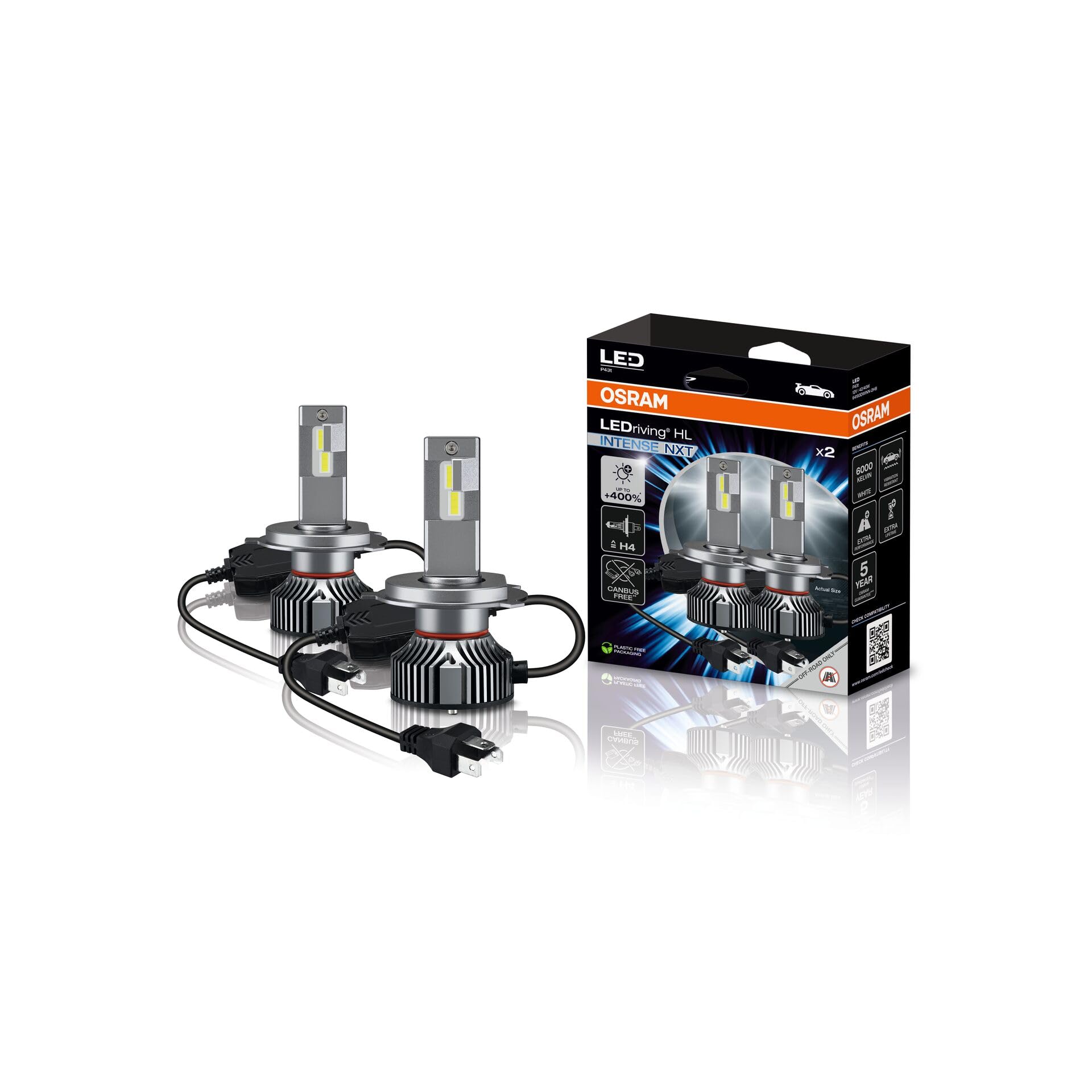 OSRAM LEDriving® HL INTENSE NXT ≜ H4, LED high and low beam lamp, Cool White 6000K, no accessory needed, offroad use only - no ECE, 2 lamps