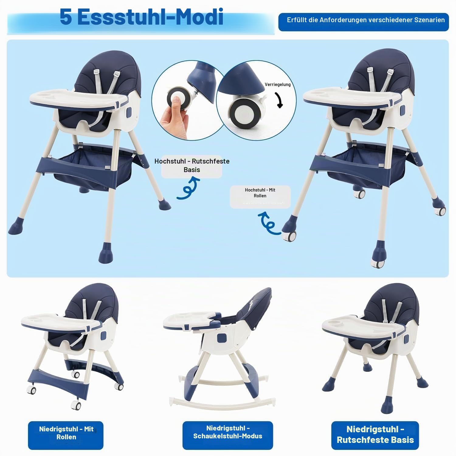 Hochstuhl Baby 5 in 1 Kinderhochstuhl mit Abnehmbares Tablett Hochstuhl Verstellbar Klappbar Babystuhl mit Liegefunktion Kombihochstuhl mitwachsend esszimmerstuhl ab 6 Monate kleinkinder (Blau)