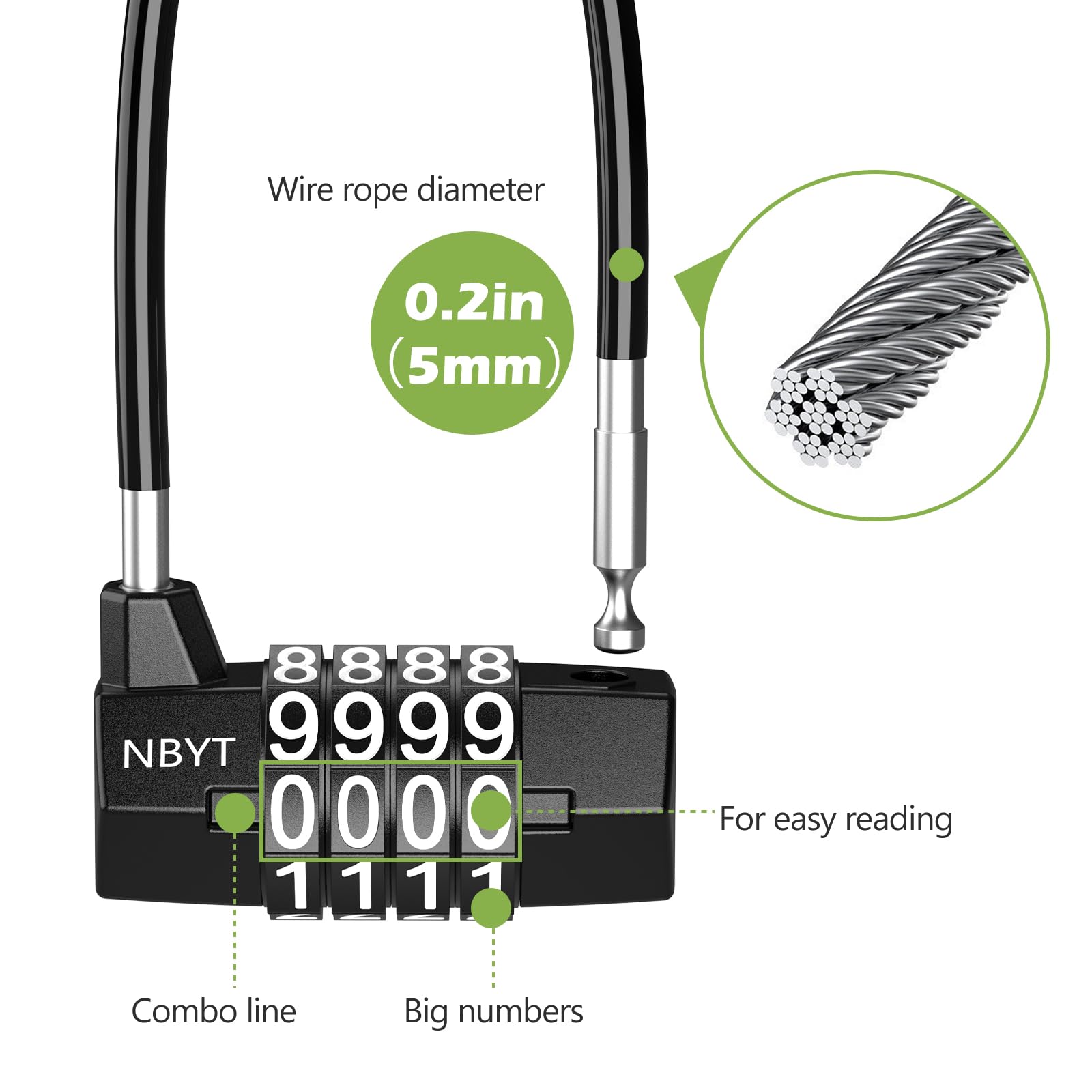 KeeKit Candado de combinación de 4 dígitos, candado reajustable con cuerda de cable de acero, candado de gimnasio alargado impermeable para escuela, empleado, gimnasio, taquilla deportiva, puerta,