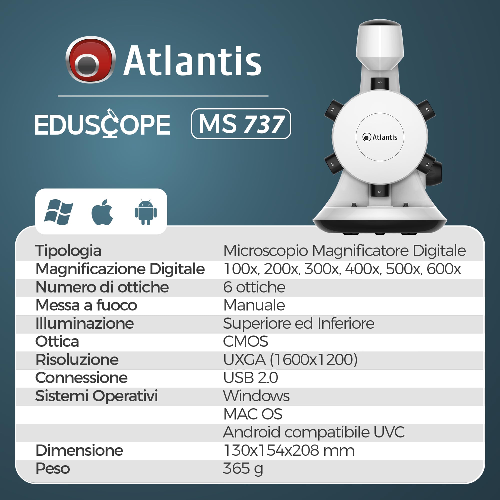 Microscopio Digitale USB Atlantis E45-MS737. Risoluzione UXGA 1600x1200. 6 ottiche di ingrandimento preimpostato da 100x a 600x. Messa a fuoco, Illuminazione superiore ed inferiore. PC, MAC e Android