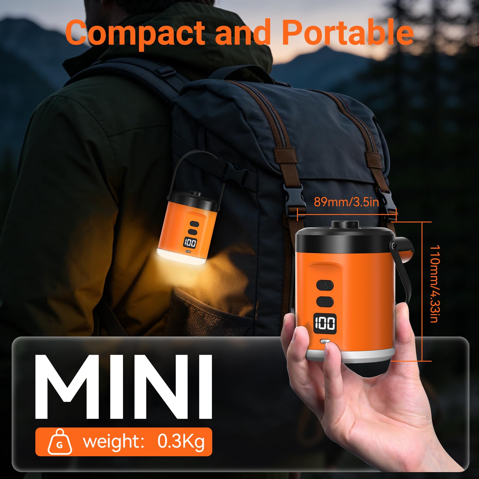Elektrische Luftpumpe mit 5000-mAh-Akku, tragbare Luftpumpe mit 3 Düsen, inklusive Campinglampe, elektrische Luftpumpe, geeignet für Strand, Camping und Outdoor-Veranstaltungen