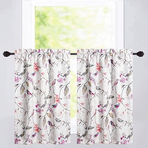 Vogol - Volantes para ventana de cocina estampadas con aves, textura de lino de 18.0pulgadas de largo para ventanas pequeñas, un paño