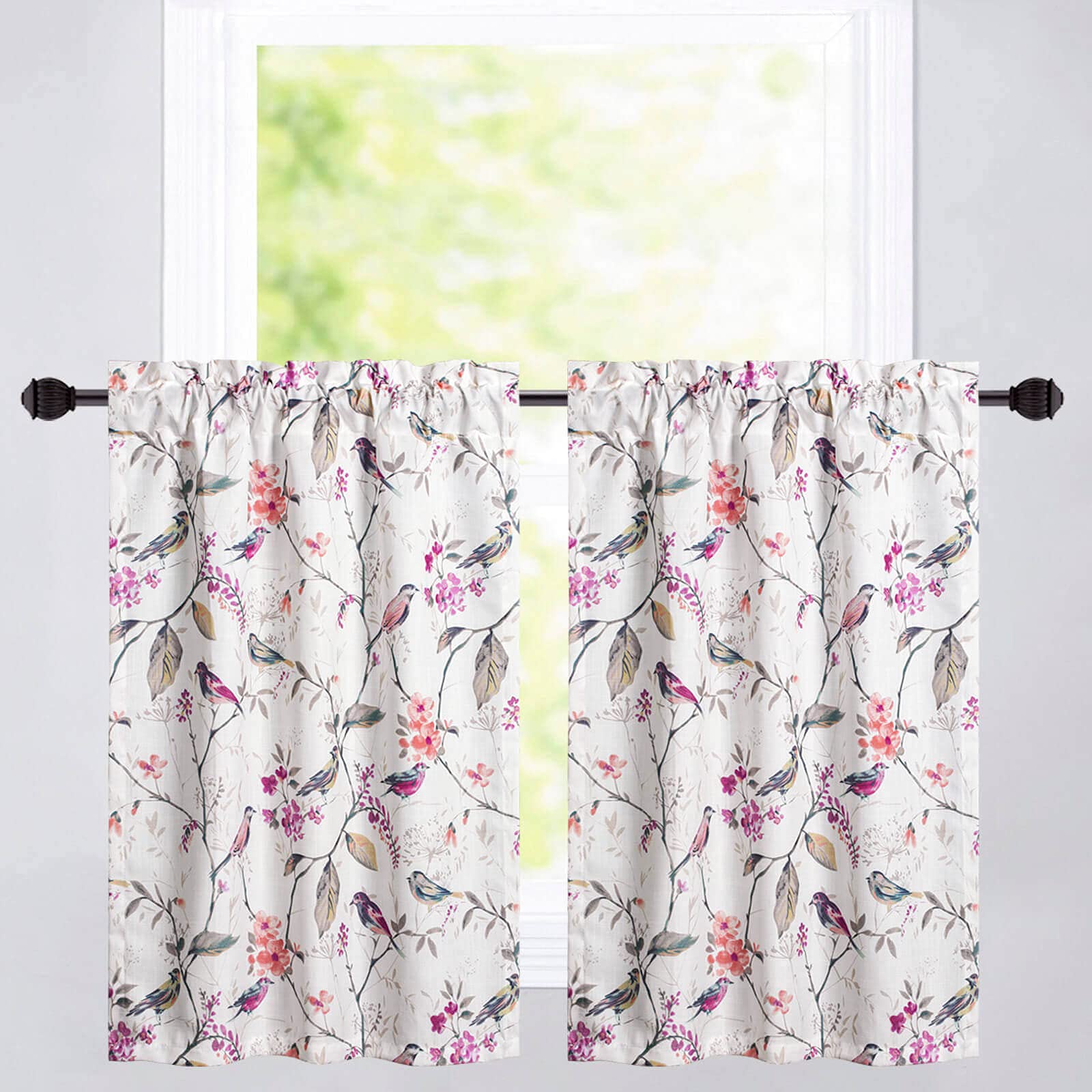 VOGOL Bird Print Faux Linen Tier Curtains, 30 x 36, 2 Panels, Purple — image 1