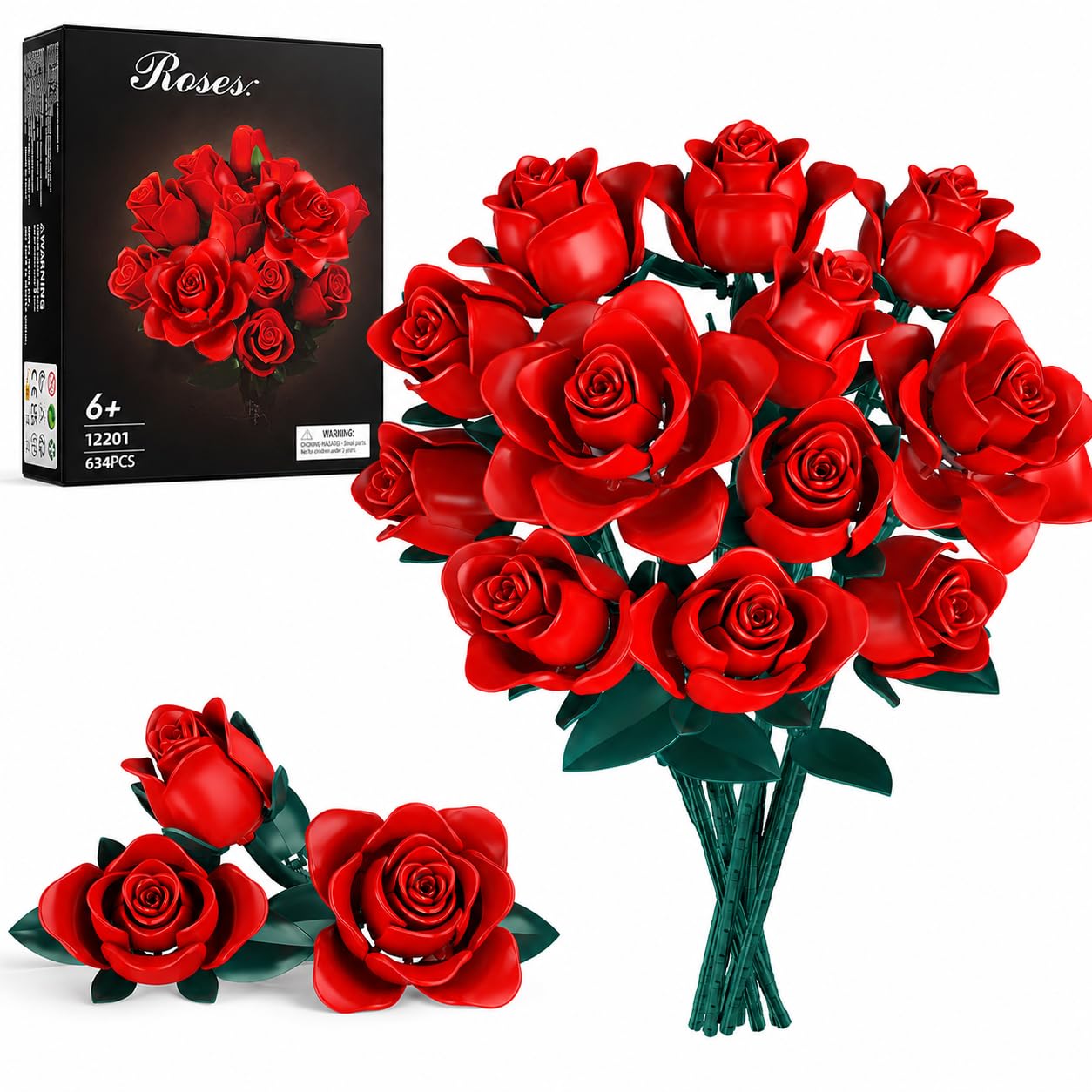 Rose Flower Bouquet Building Set for Kids Ages 6+, 634Pcs DIY Red Roses Bouquet Building Kit Home Office Decor, Gift for Girls Adults, Valentine's Day, Mother's Day, Birthday, Christmas