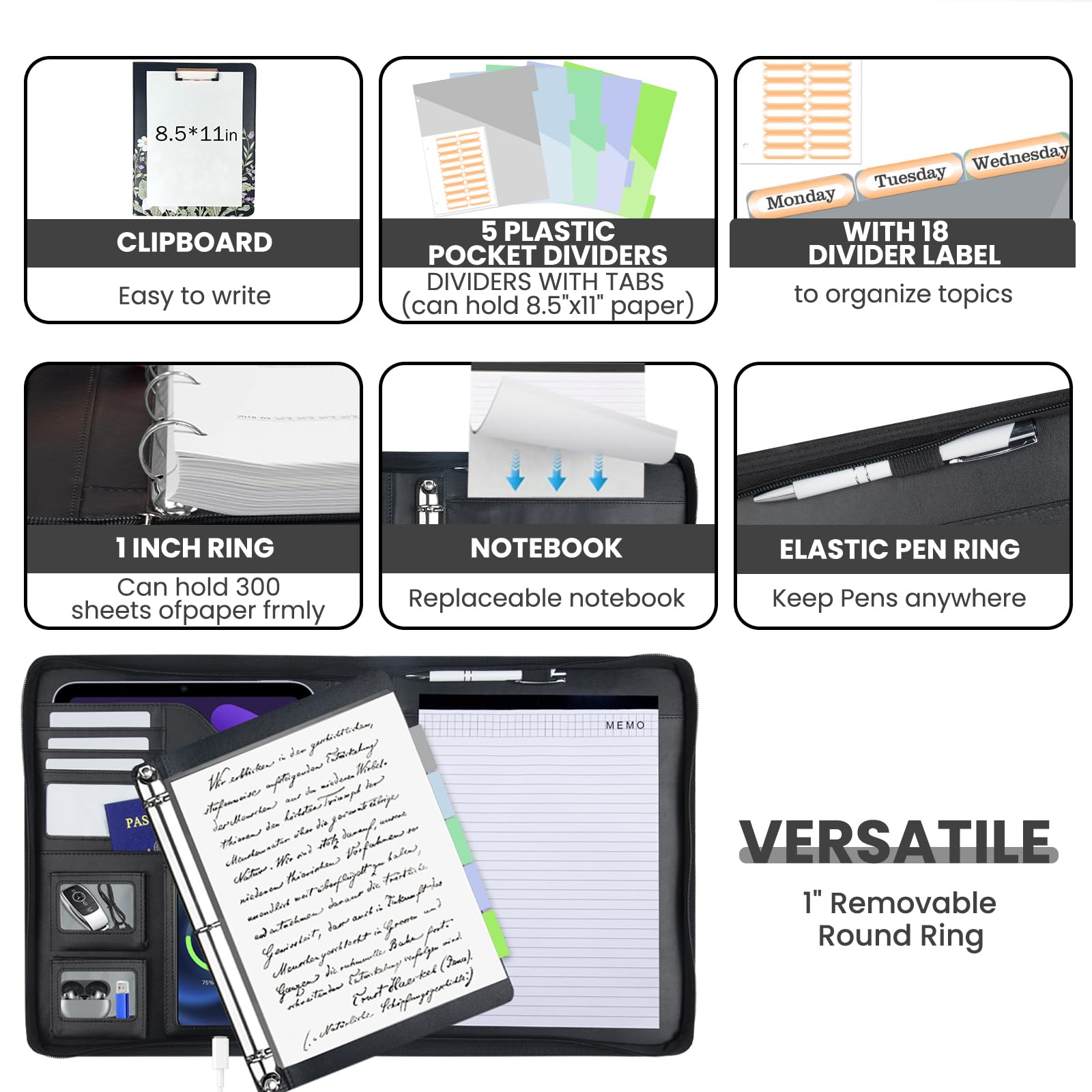 Portapapeles de cuero con almacenamiento, portafolio negro, carpeta extraíble de 3 anillos con cremallera de 1 pulgada, organizador de documentos para mujeres y hombres con bloc de notas, 5