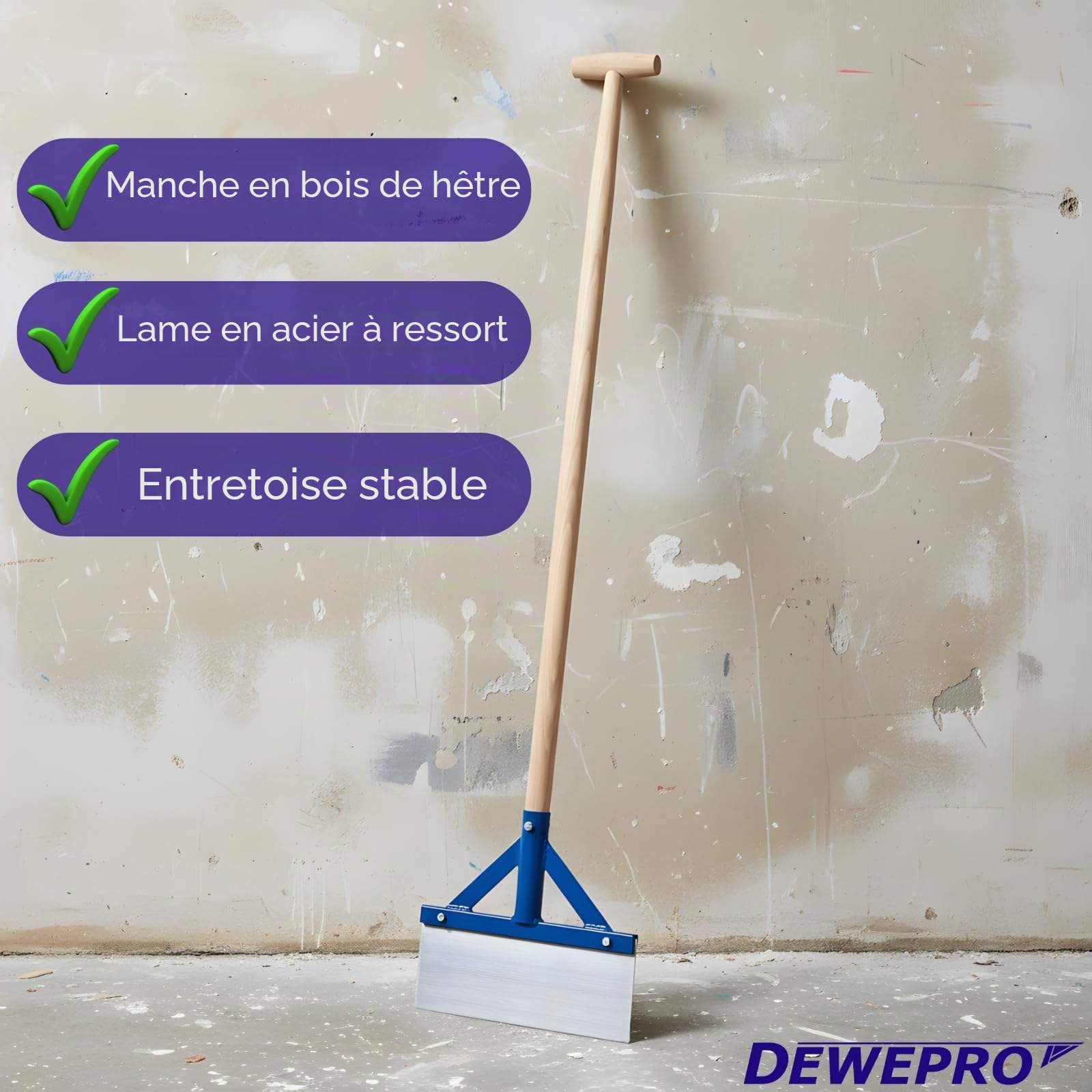 DEWEPRO Grattoir à choc avec manche en bois - Grattoir pour sol, goudron, plâtre, mortier – Très stable avec entretoises et lame en acier à ressort - Largeur : 300 mm - Longueur totale environ 137 cm. | Grattoir de sol robuste pour enlever la peinture, le