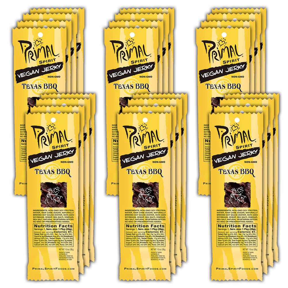Primal Spirit, Vegan Meatless Jerky Strips - High Energy, High Protein, Non-GMO, 93% Fat-Free Snacks, Vegan Jerky - 28g, Pack of 24 Texas BBQ Flavour