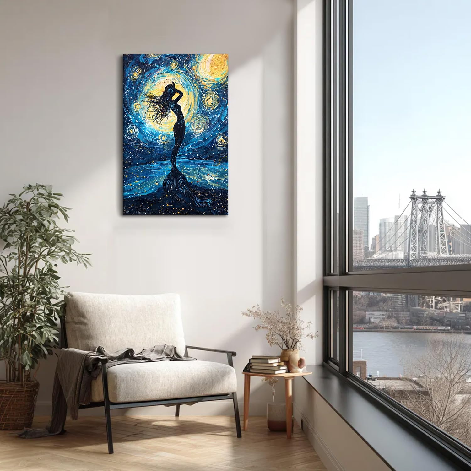 EEYNAQQ Starry Night Mermaid Canvas Wall Art Van Gogh Style Painting Prints 12x16 Inch Abstract Surrealist Style Artwork Framed Posters Wall Decor for Living Room Bedroom Bathroom Children's Room