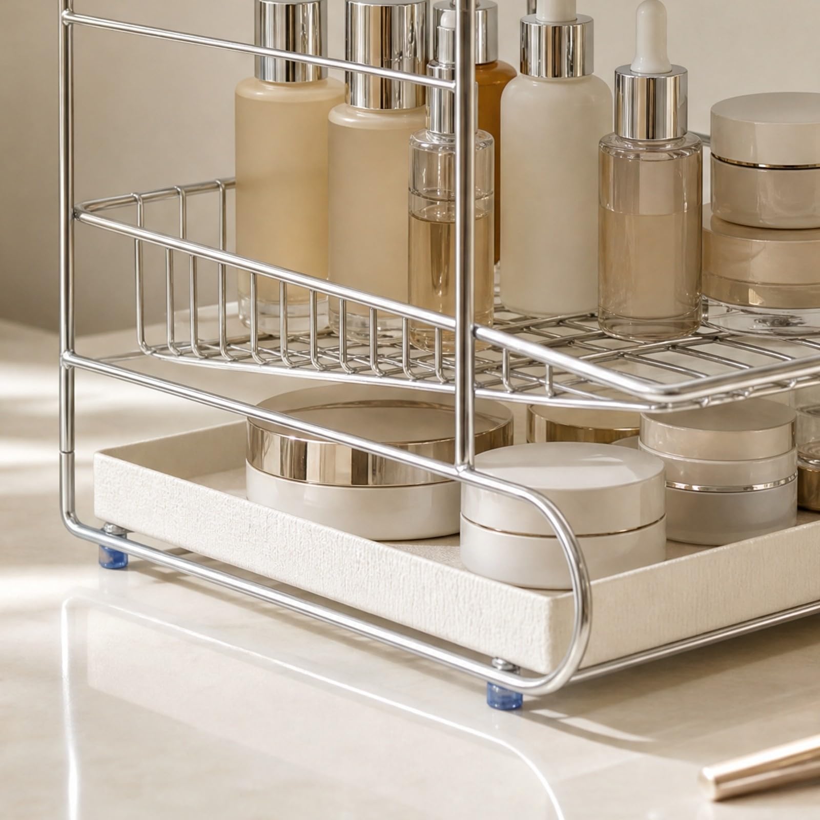 Rack Almacenamiento Acero Inoxidable Abierto Organizador Cosméticos con Barras Perimetrales Morno para Encimera, Estilo B