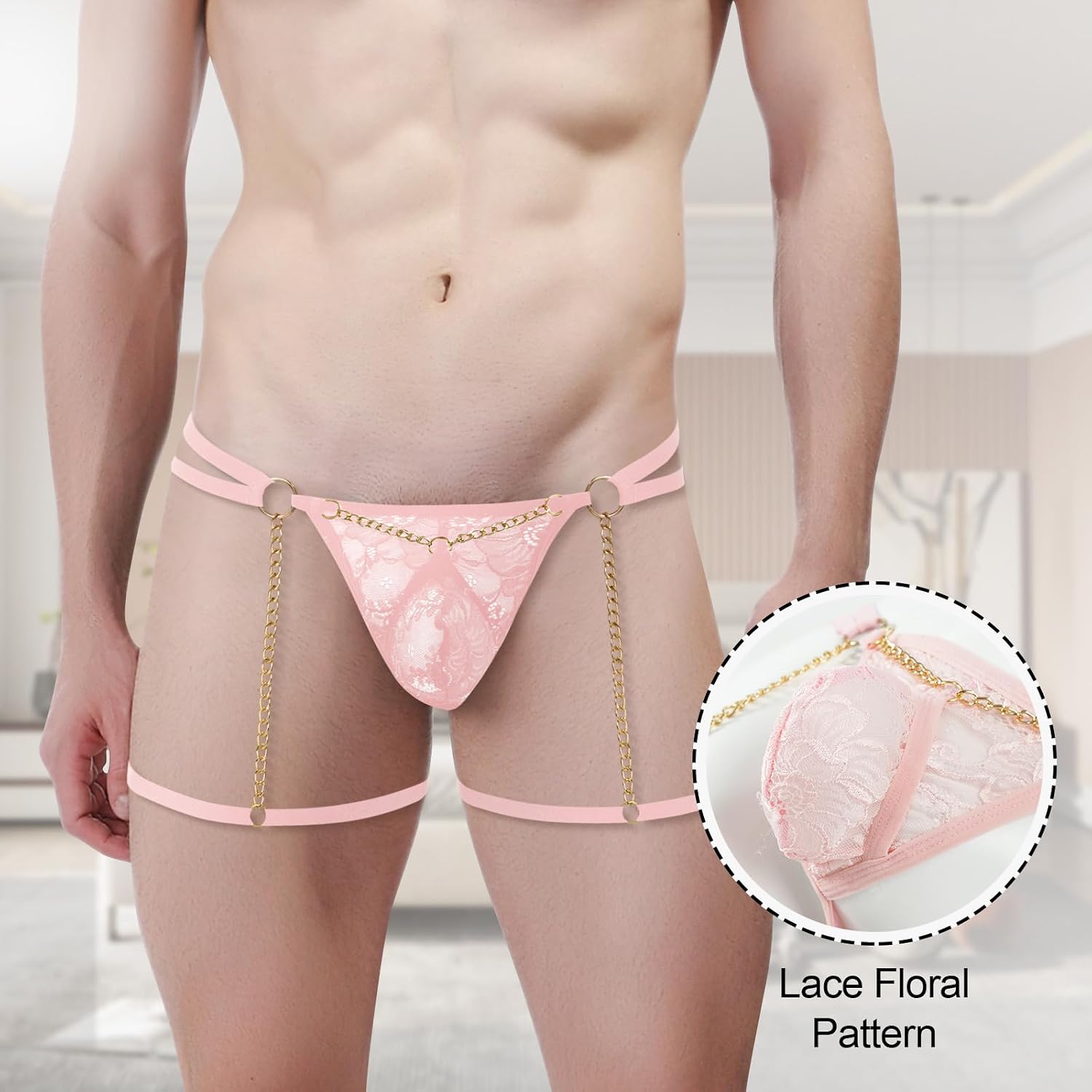 Mens Lace Sissy Panties Sexy Lingerie Thongs with Garters Sheer Underwear Panties for Cross-dressers