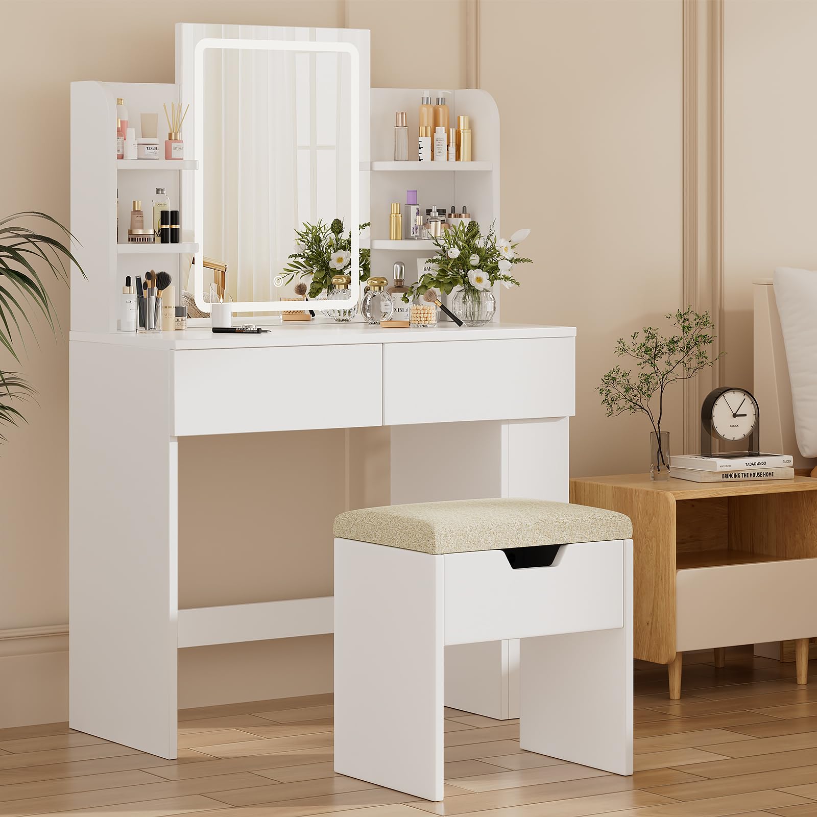 Devoko Tabouret de Coiffeuse avec Rangement, Chaise de Maquillage Rembourrée, Repose-Pieds en Tissu, Respirante et Un Confort, pour Chambre à Coucher, Dressing et l'Entrée, Tabouret Moderne Blanc