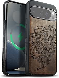 Carveit Wood Case for Google Pixel 9 Pro XL hoesje [Natural Wood & Soft TPU] Compatible With Shockproof Bumper Protective Pixel 9 Pro XL Cover (Golf Herontworpen-Donker hout