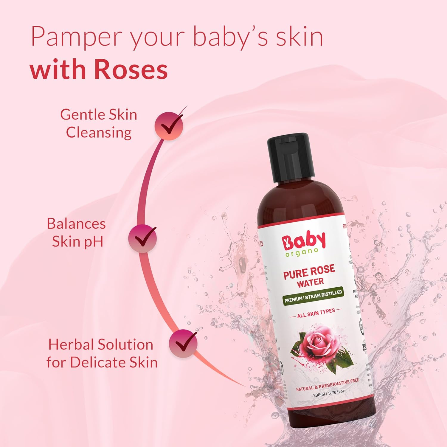 Babyorgano Premium Rose Water 200ml | Pure & Natural Preservative Free Skin Toner, Face Cleanser | Balances PH | Tightens Pores | BOAZROSEWATERUS 200 ml (Pack of 1) Transparent