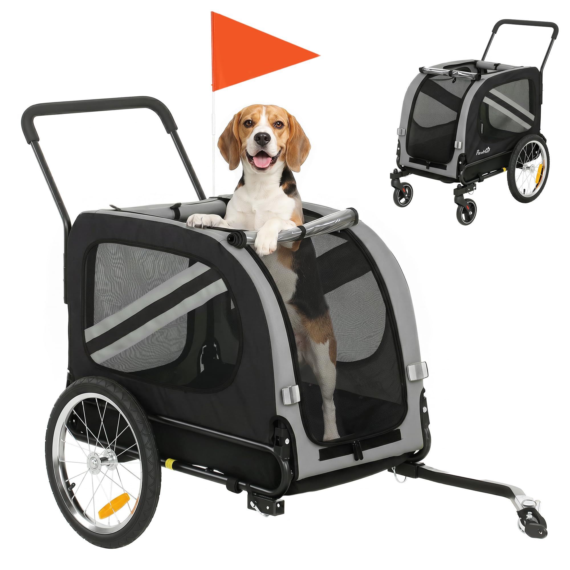 PawHut Dog Bike Trailer, 2 in 1 Foldable Pet Stroller Security Harness, Reflectors, Quick Release Wheels, Flag, for Medium Dogs, Grey