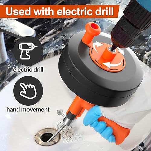 Miniatura 3 de Barrena de drenaje, serpiente de fontanería con adaptador de taladro, taladro de tambor de acero flexible resistente de 50 pies y serpiente de