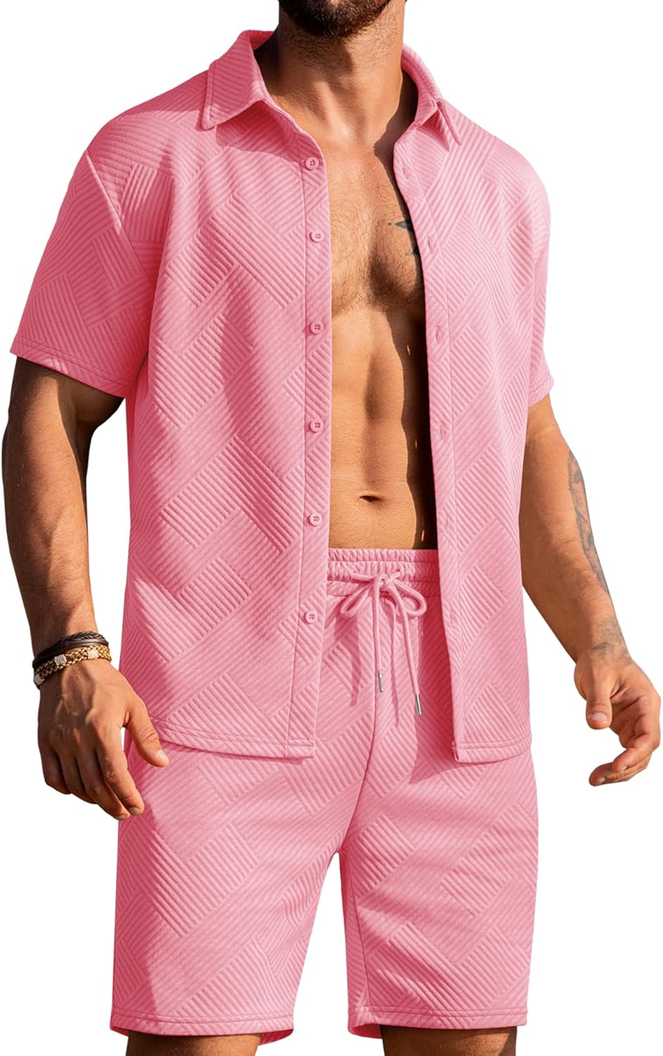 URRU Men's Shirt and Shorts Set Summer Outfits Short Sleeve Casual Button Down 2 Piece Shorts Set