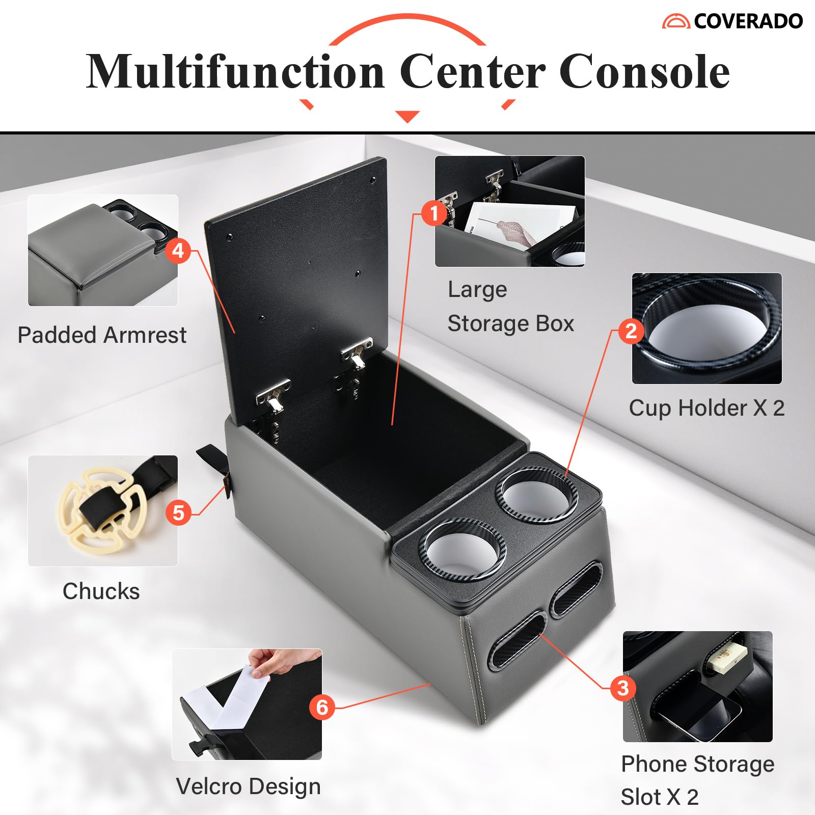 Coverado Auto Mittelkonsole, Universal Mittelkonsole Auto Rückbank, Rücksitz Automobile Organizer mit Cup Halter, Armlehnen Box Universal Fit für die meisten Limousinen SUV Pick-up-Truck