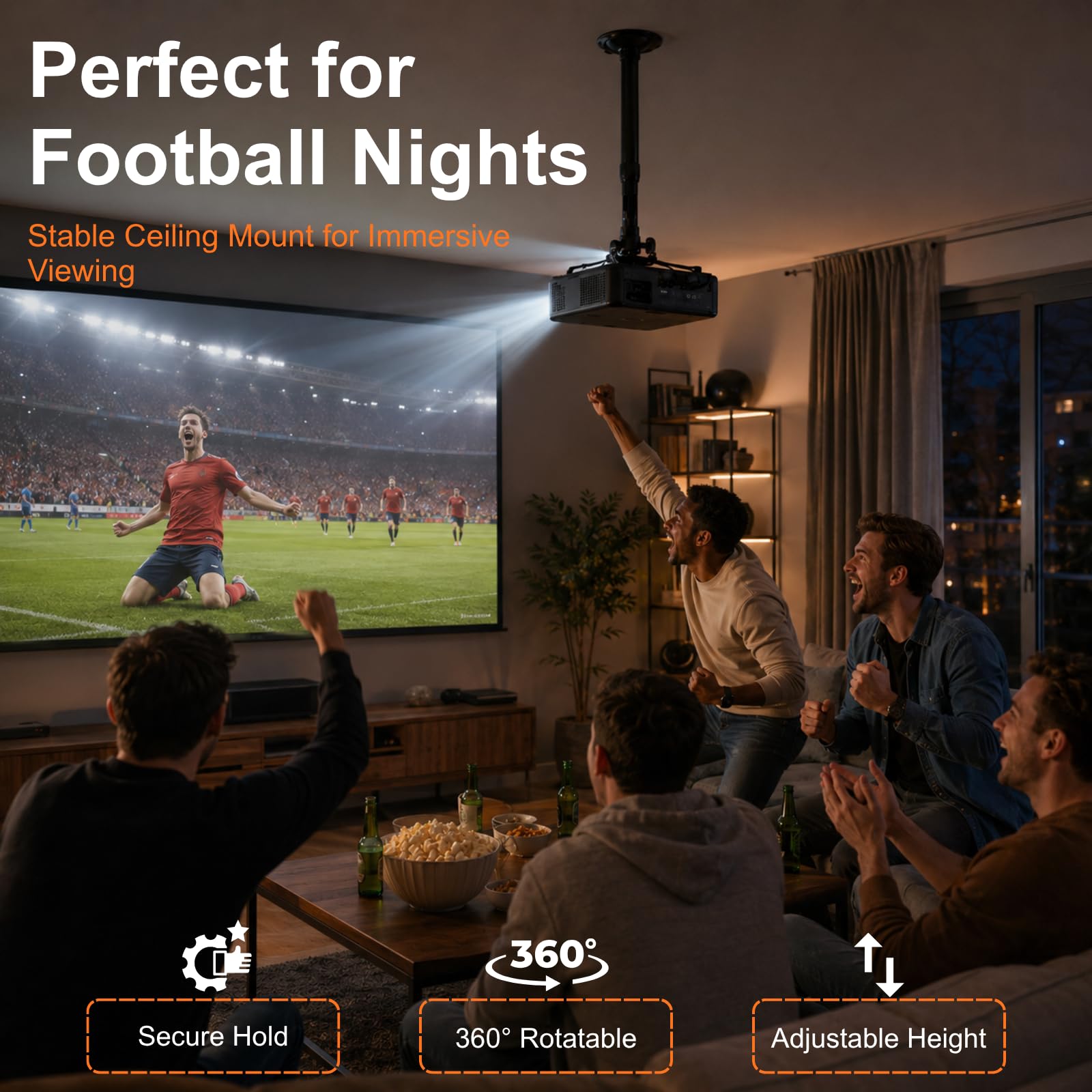 Support Vidéoprojecteur Plafond Réglable 28–42 cm – Support Mural/Plafond Universel pour Projecteur et Mini Vidéoprojecteur, Rotation 360°, Installation Facile