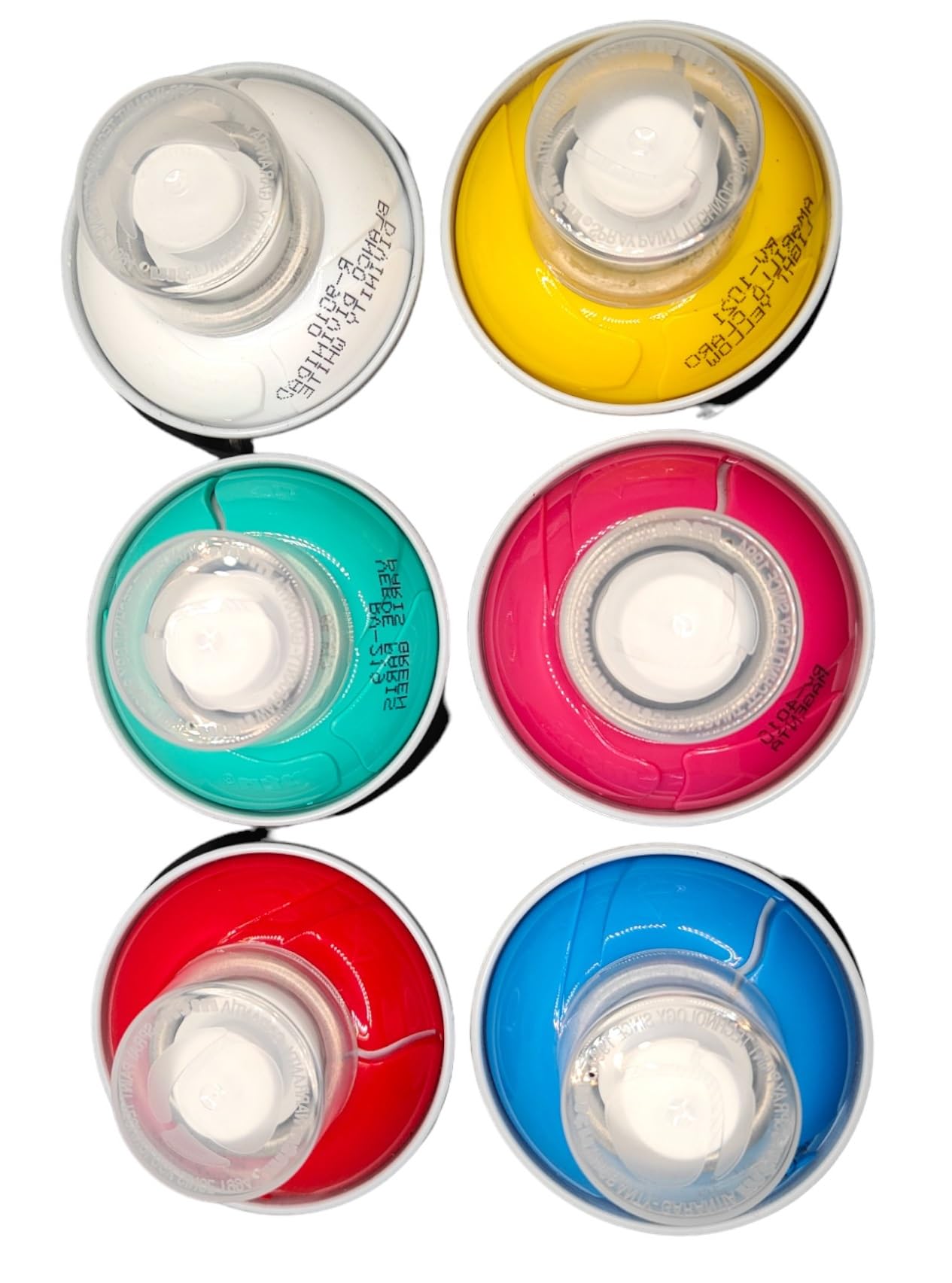 Montana Colors LOT 6 Bombes Peinture Spray Graffiti MTN MEGA 6 x 600 ml Colores Base (Blanco, Amarillo, Magenta, Verde, Rojo, Azul) + 6 Tapas de Repuesto Diferentes