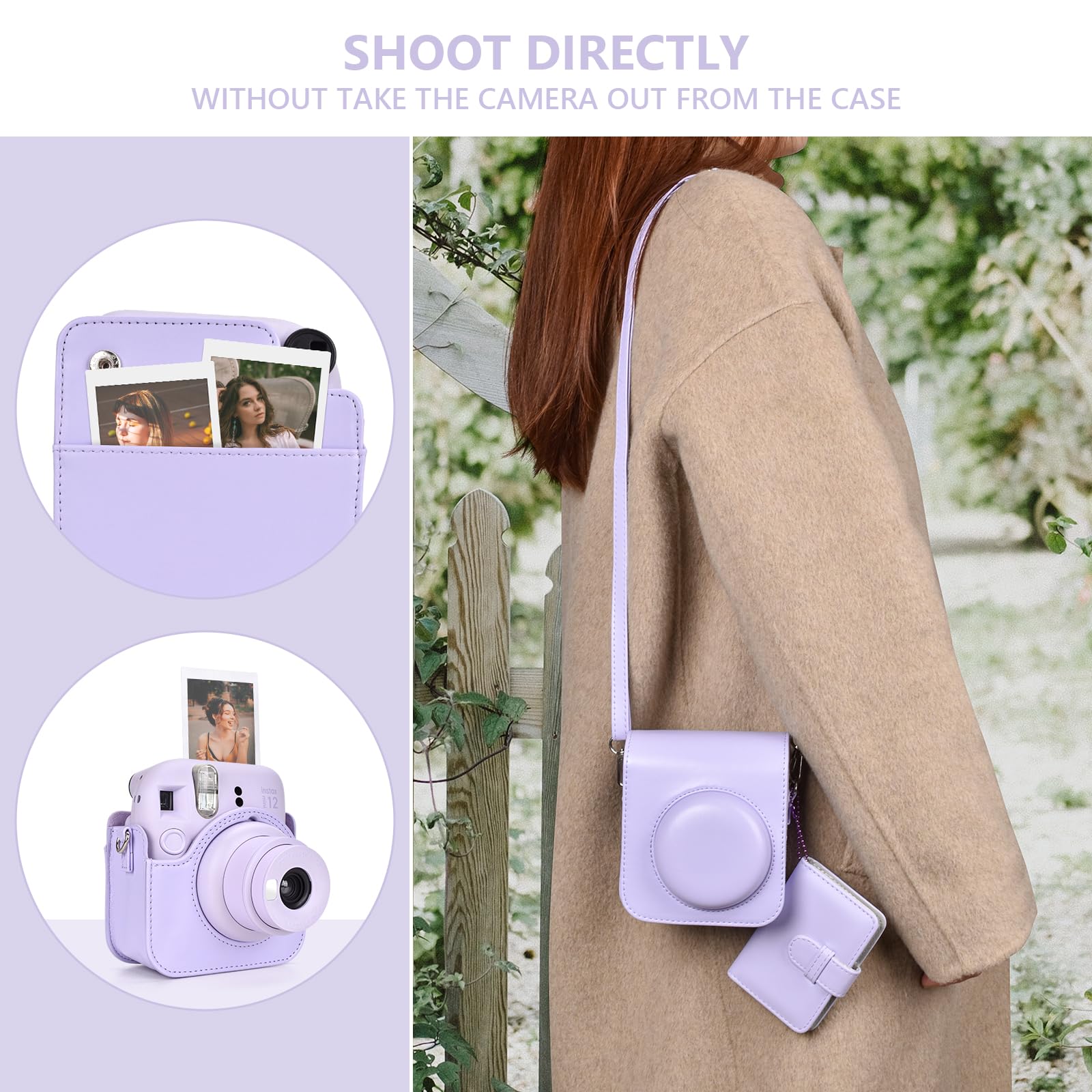 Estuche para cámara instantánea Compatible con Instax Mini 12, Bolsa de Cuero PU con Bolsillo, Correa Ajustable para el Hombro y Mini álbum de Fotos con 28 Bolsillos (Morada Puro)
