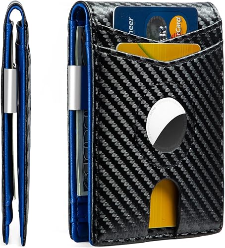 Huztencor AirTag - Cartera delgada para hombre con clip para dinero, bloqueo RFID, funda plegable para tarjetas de crédito para Apple Air Tag, fibra