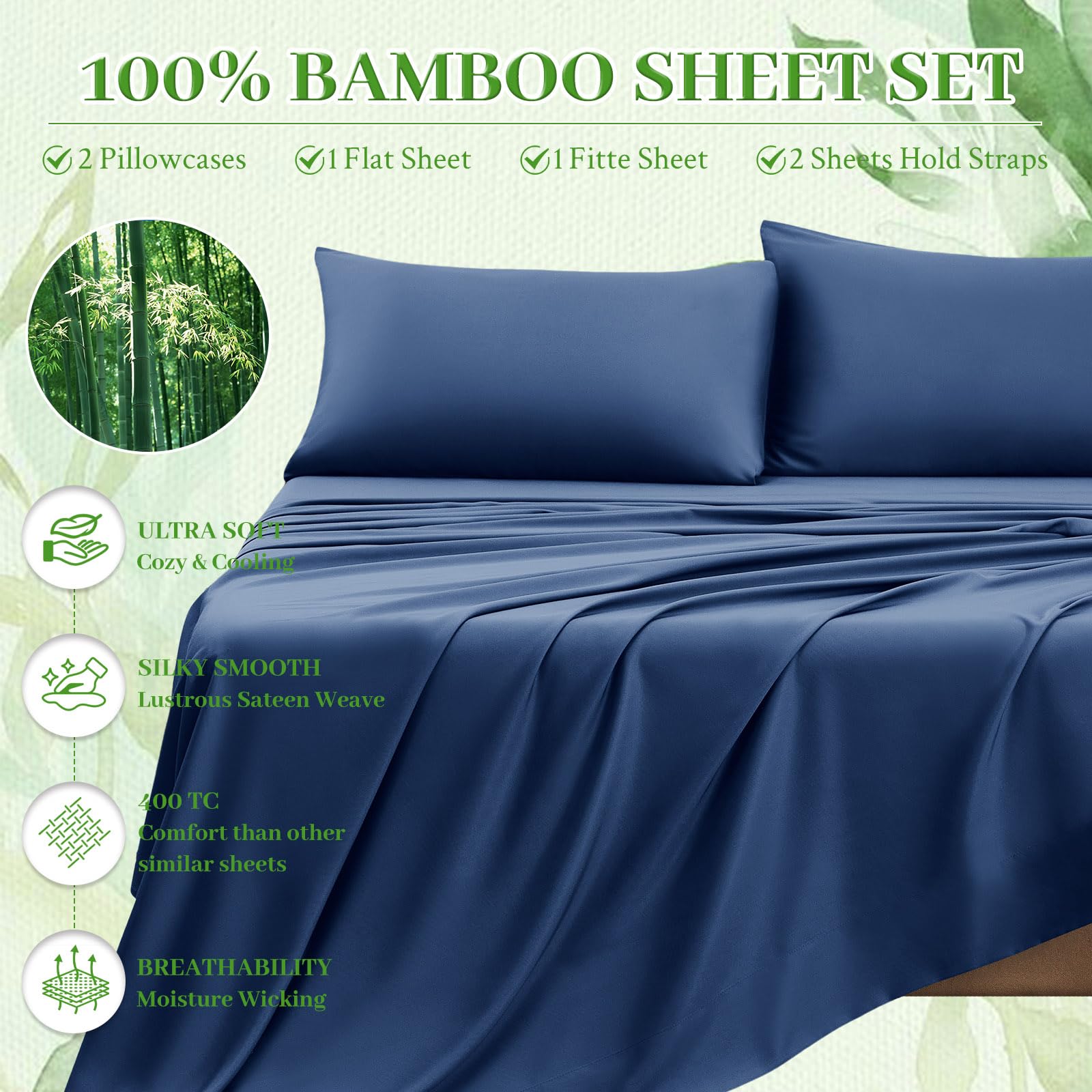 YIYEA Sábanas de bambú tamaño matrimonial – Juego de sábanas de viscosa de bambú 100 % orgánico con 2 correas de soporte, bolsillo profundo de 40.6 cm, ultra suaves, transpirables y refrescantes para