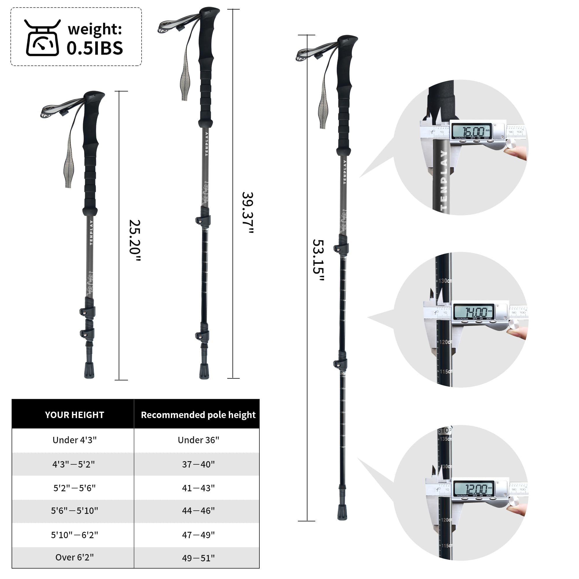 Tenplay Bâtons de randonnée en aluminium 7075 ultra légers de 0,2 kg, poignée antidérapante en EVA avec verrouillage à levier rapide, pliable, 135 cm, pour randonnée, alpinisme, randonnée – Hommes