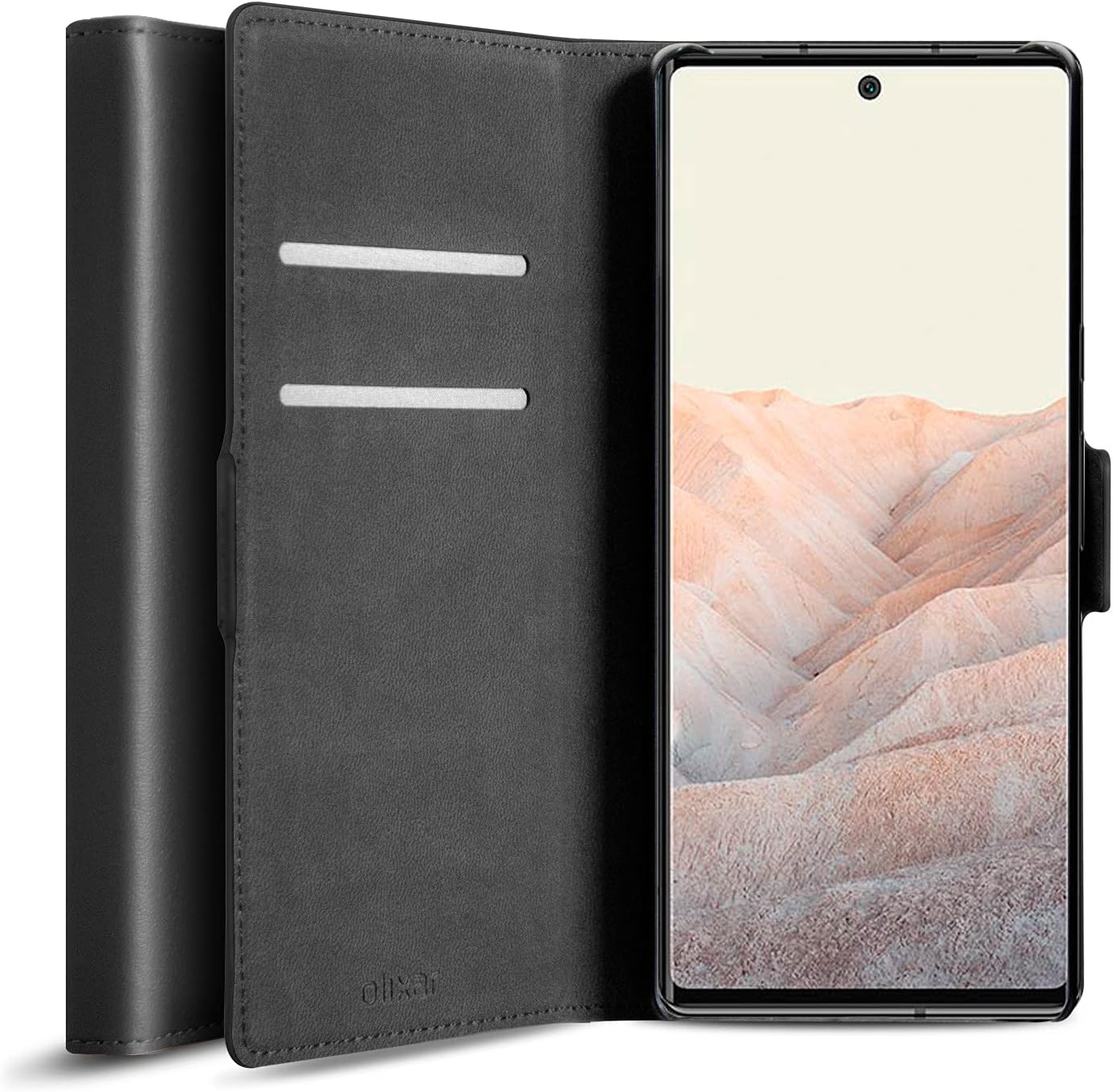 Olixar Funda tipo cartera de piel auténtica para Google Pixel 6 Pro - Funda de cuero genuino - Almacenamiento de tarjetas de crédito - Soporte integrado - Carga inalámbrica compatible