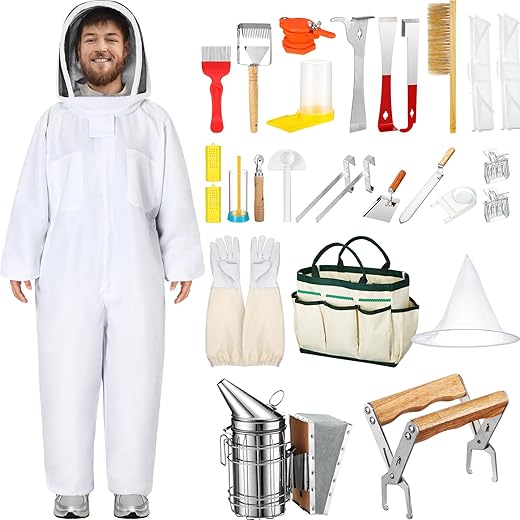 30 Pcs Beekeeping Supplies Tools Bee Suit Bee Keeping Starter Kit Bee Keeper Starting Kit Bee Keeping Supplies All Bee Hive Supplies Bee Hives Boxes Starter Kit for Beekeeper Men Women (L)