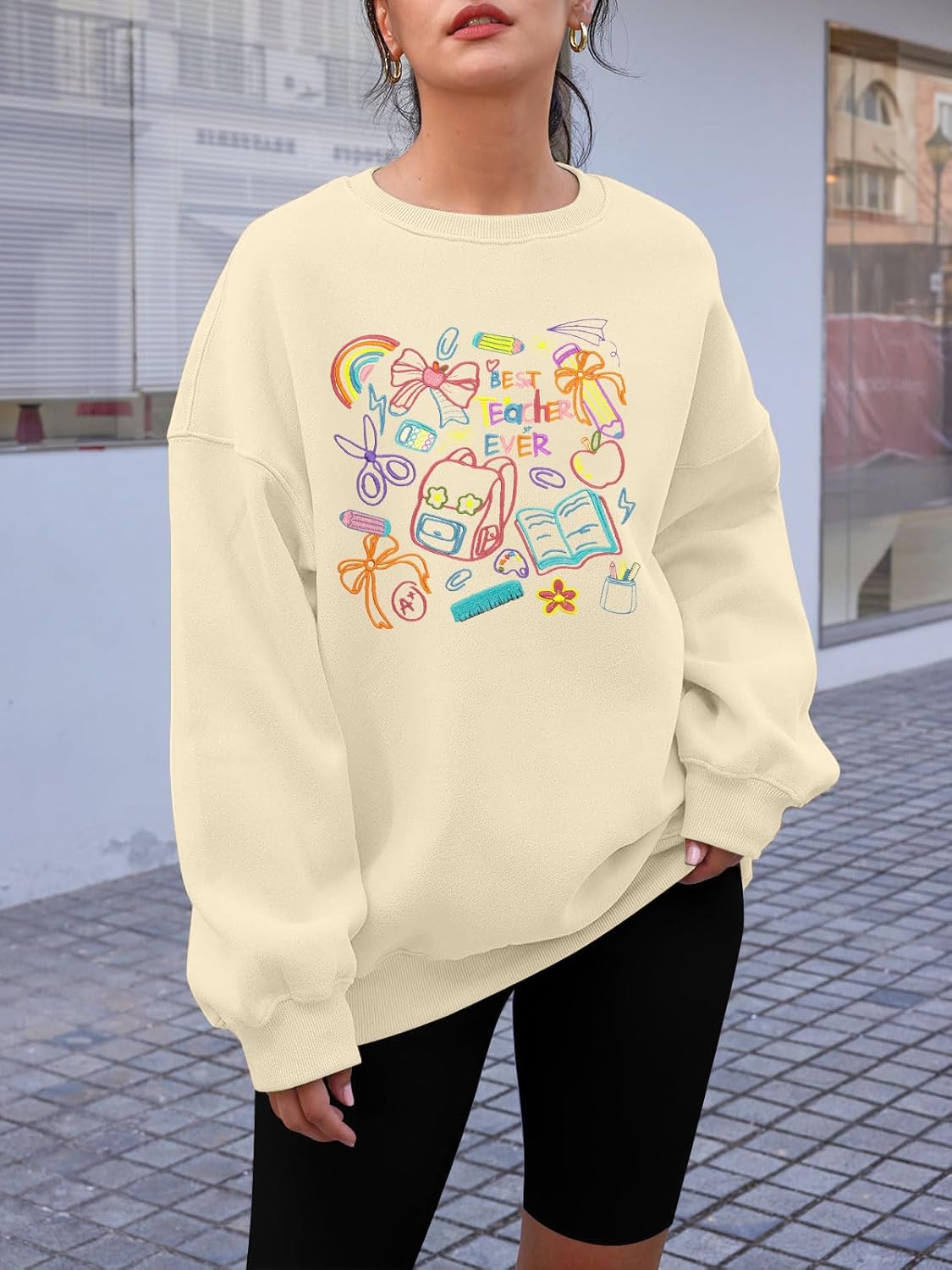 BANGELY Teacher Sweatshirt Women Oversized Retro Teach Crewneck Shirt Embroidery Teacher Life Pullover Long Sleeve Tops - Image 4