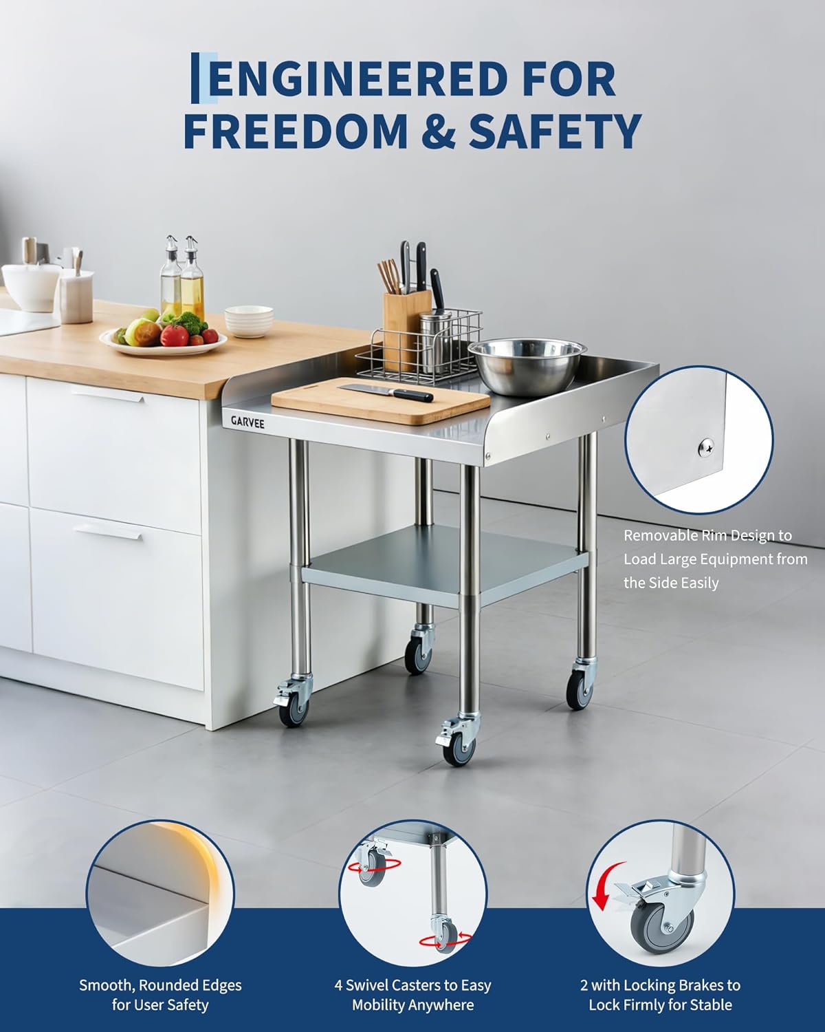 Heavy Duty Stainless Steel Commercial Work Table with 3-Sided Removable Rim, 4 Locking Wheels & Adjustable Undershelf, Mobile Kitchen Prep Cart for Restaurant Bakery Garage（24 * 36）