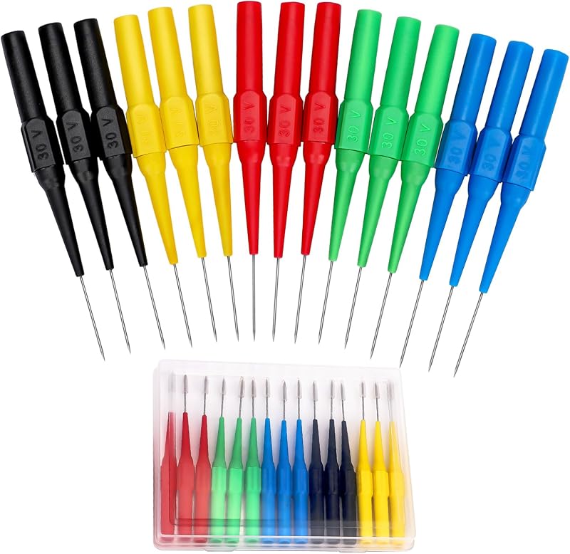 15pcs Test Back Probe Pin,Wire Piercing Insulation Back Probes Probe Non-Destructive Pin, 0.7mm Test Probes Pins Insulation Piercing Needle Multimeter 4mm Banana Socket for Car Tester