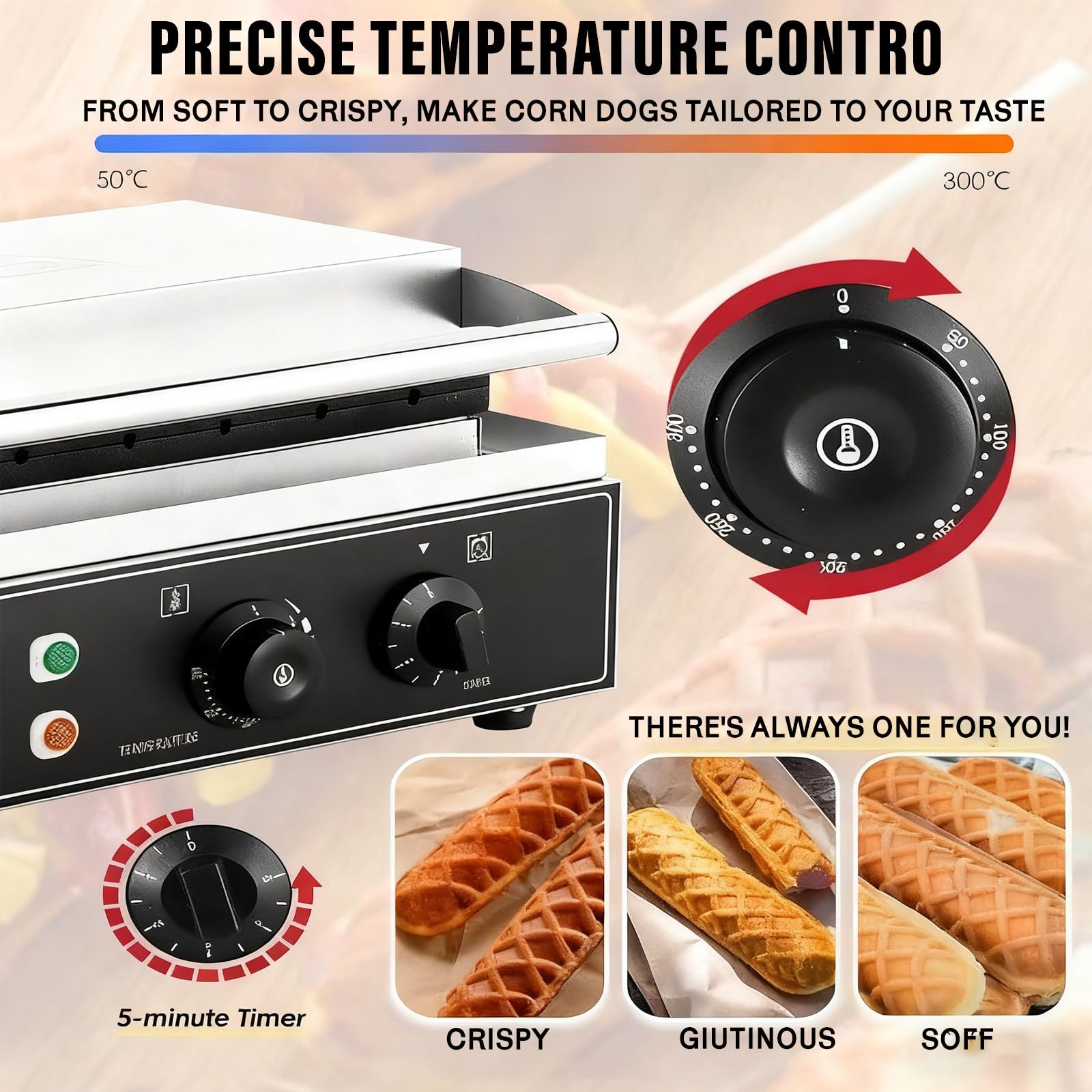 Máquina para Hacer Gofres Comercial De Alta Resistencia, Paquete De 6, Potente Motor De 1550 W, Control De Temperatura Ajustable, Temporizador De 0 A 5 Minutos, Bandeja para Hornea