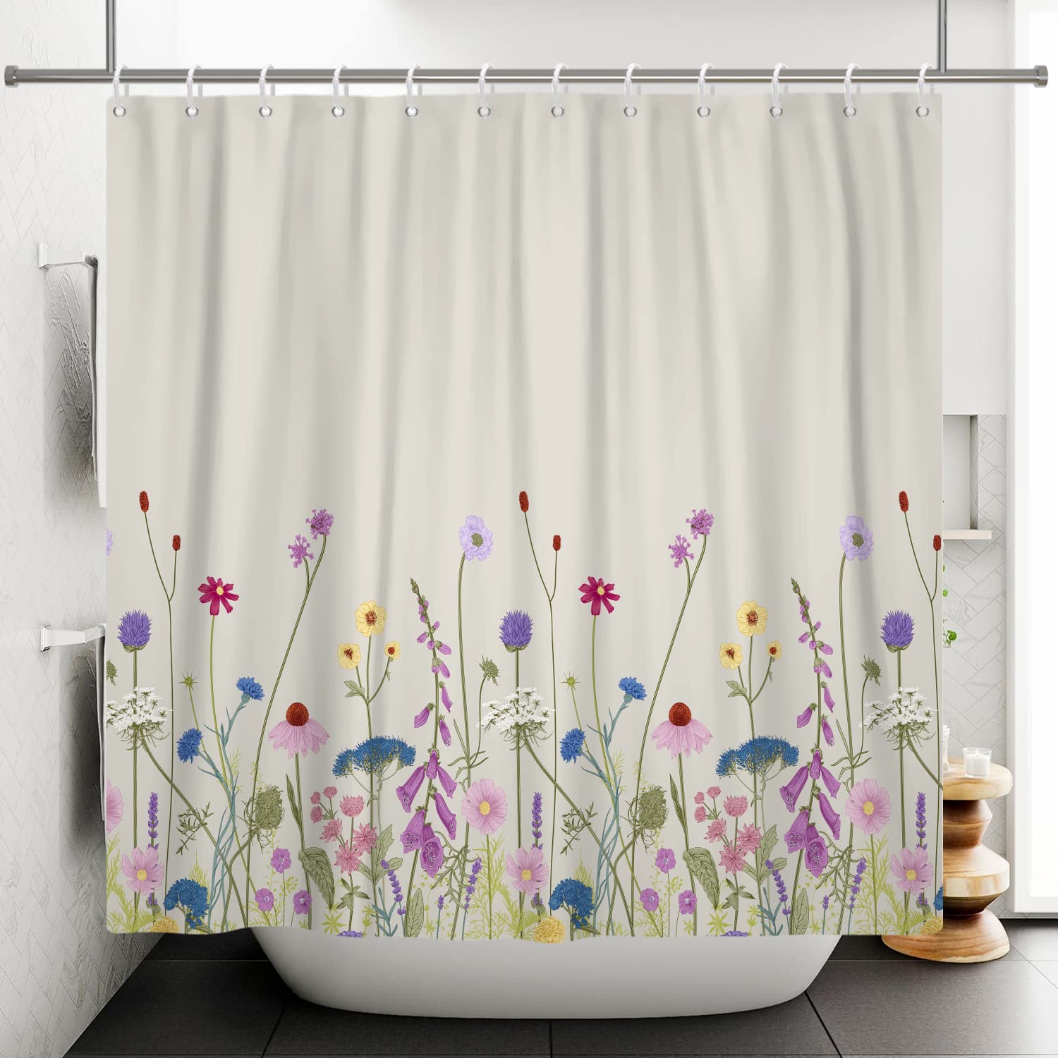 MitoVilla Tenda Doccia Floreale Viola 182x183 Cm - Con Fiori A Cosmo, Stile Vintage, 12 Ganci Inclusi
