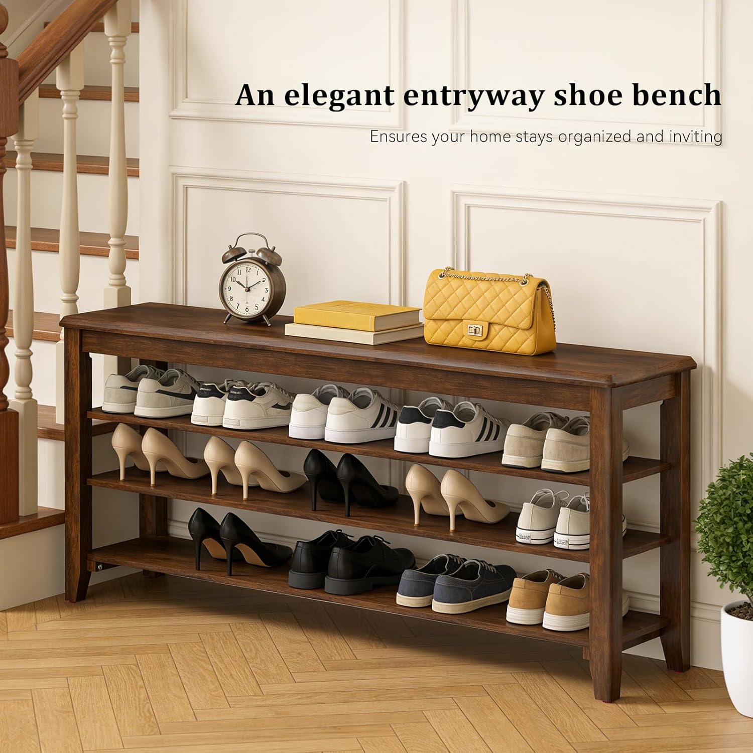 Shoe Rack Bench with Rubberwood Flat Top and 3 Adjustable Shelves – Wooden Shoe Rack for Entryway, Hallway, Mudroom, Front Door, or Small Spaces