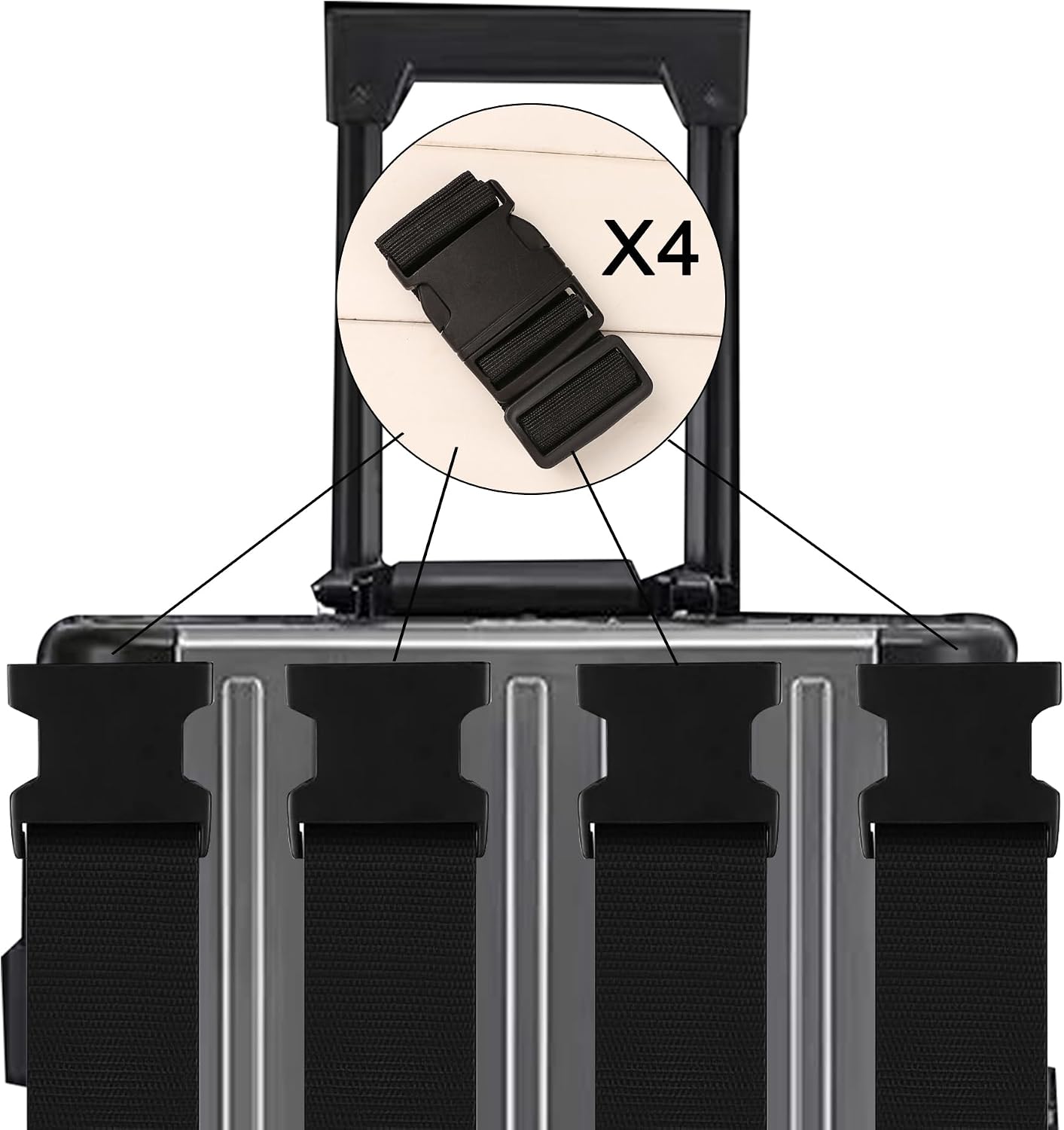 4-Piece Luggage Straps, Heavy Duty Buckle Strap, Nylon, Black