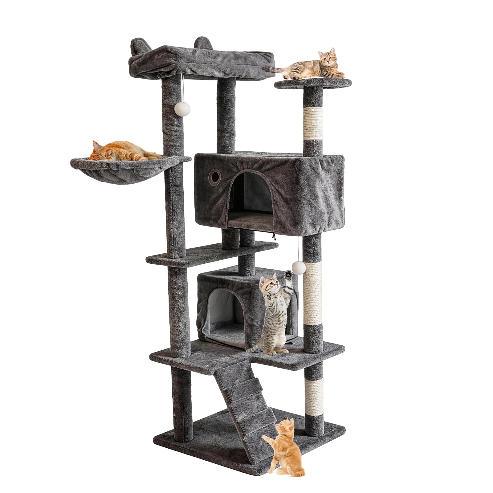 143.5cm Tall Cat Tree Tower with Multi-Level Platforms, Large Cat Condo & Cozy Hideaway, Sturdy Cat Climbing Stand with Sisal Scratching Posts & Ladder, Plush Indoor Activity Centre for Cats