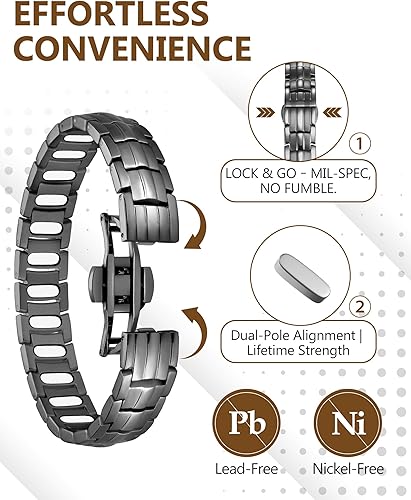 Vista 22 de Feraco Pulsera magnética de acero de titanio para hombre con doble fila de 4 elementos imanes, regalos para el día del padre Negro,Negro