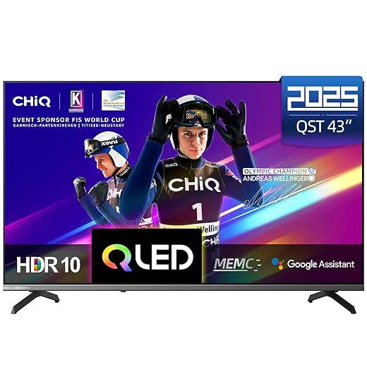 CHIQ U43QST 43 Pouces TV Smart Google TV QLED 4K UHD avec HDR10, ALLM&VRR pour Jeu, MEMC, Contrôle Vocal, Design Métallique Ultra-Fin, Dolby Audio, Wi-FI 2.4G/5G